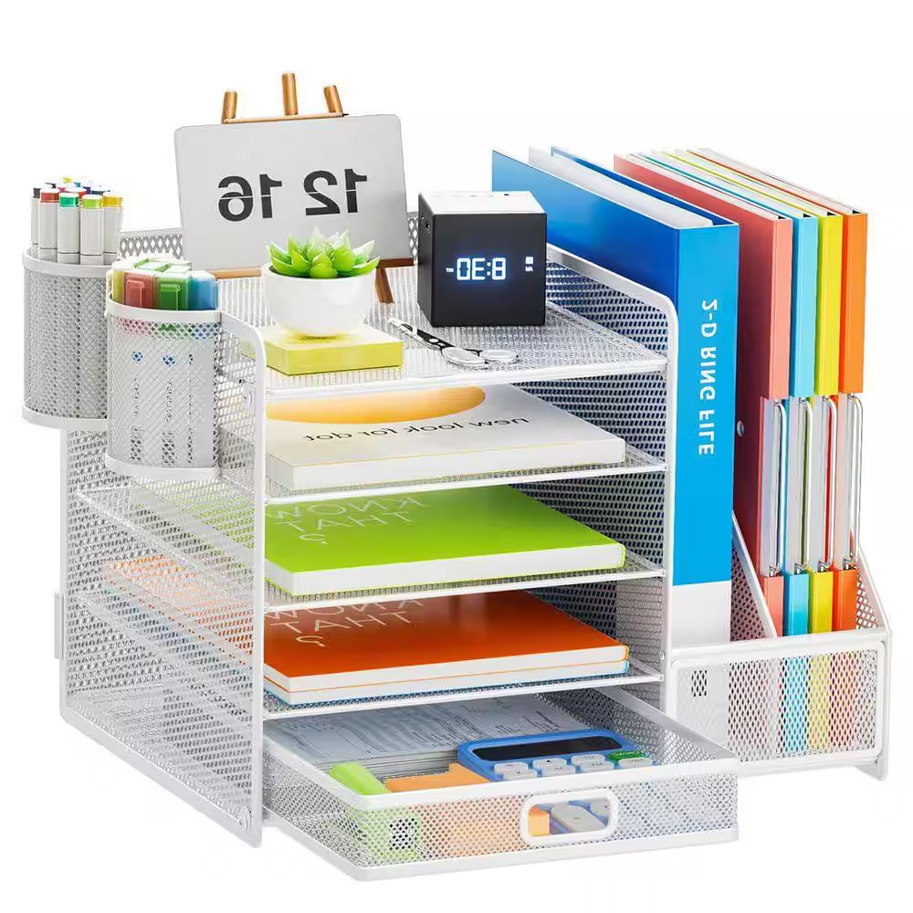 White 13.8 In. X 11 In. Metal Desk Organizers with File Holder and 2 Pen Holders