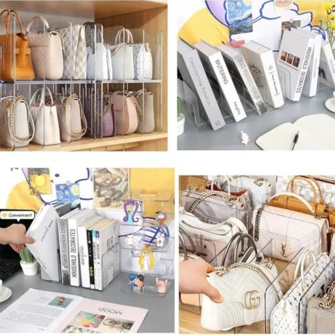 Clear Acrylic File Sorter Purse Organizer Handbag Holder 4 Sections Divider