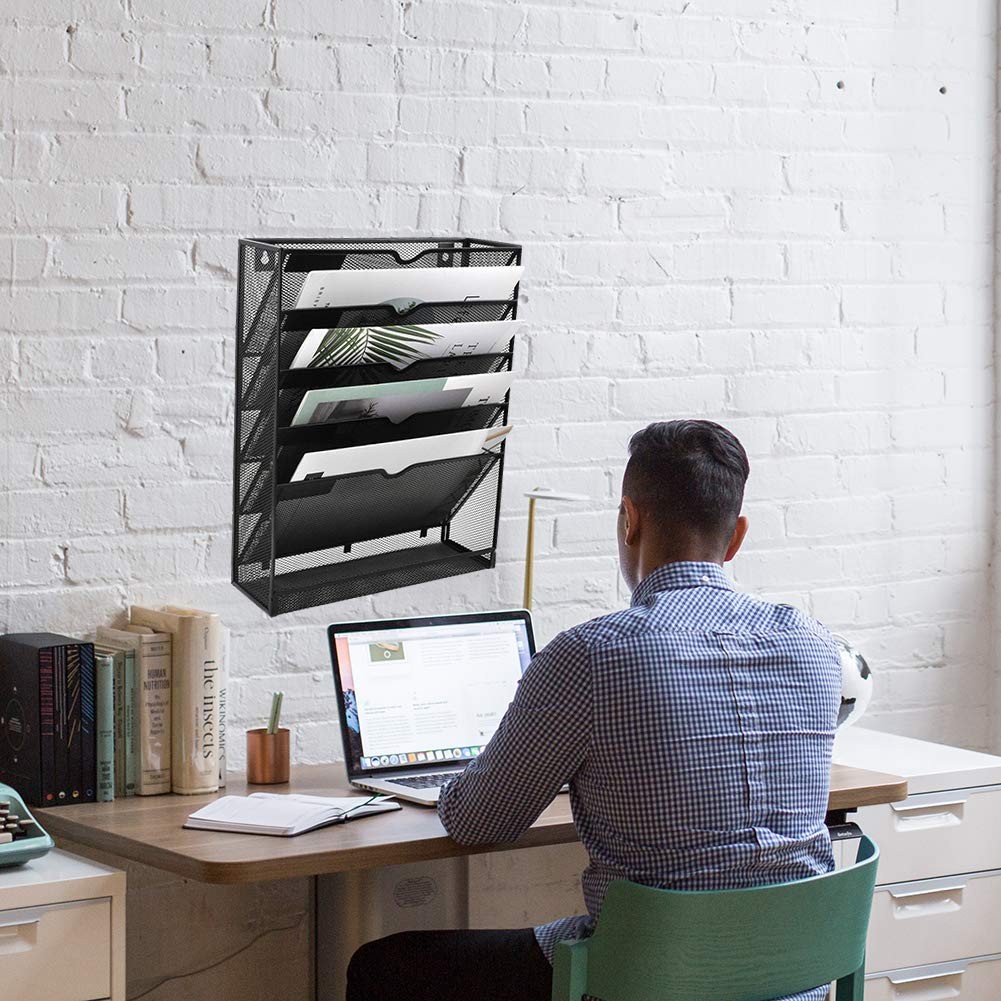 EASEPRES Desk File Organizer Mesh 6-Tier, Hanging Wall 6 Tier Upgrade, Black