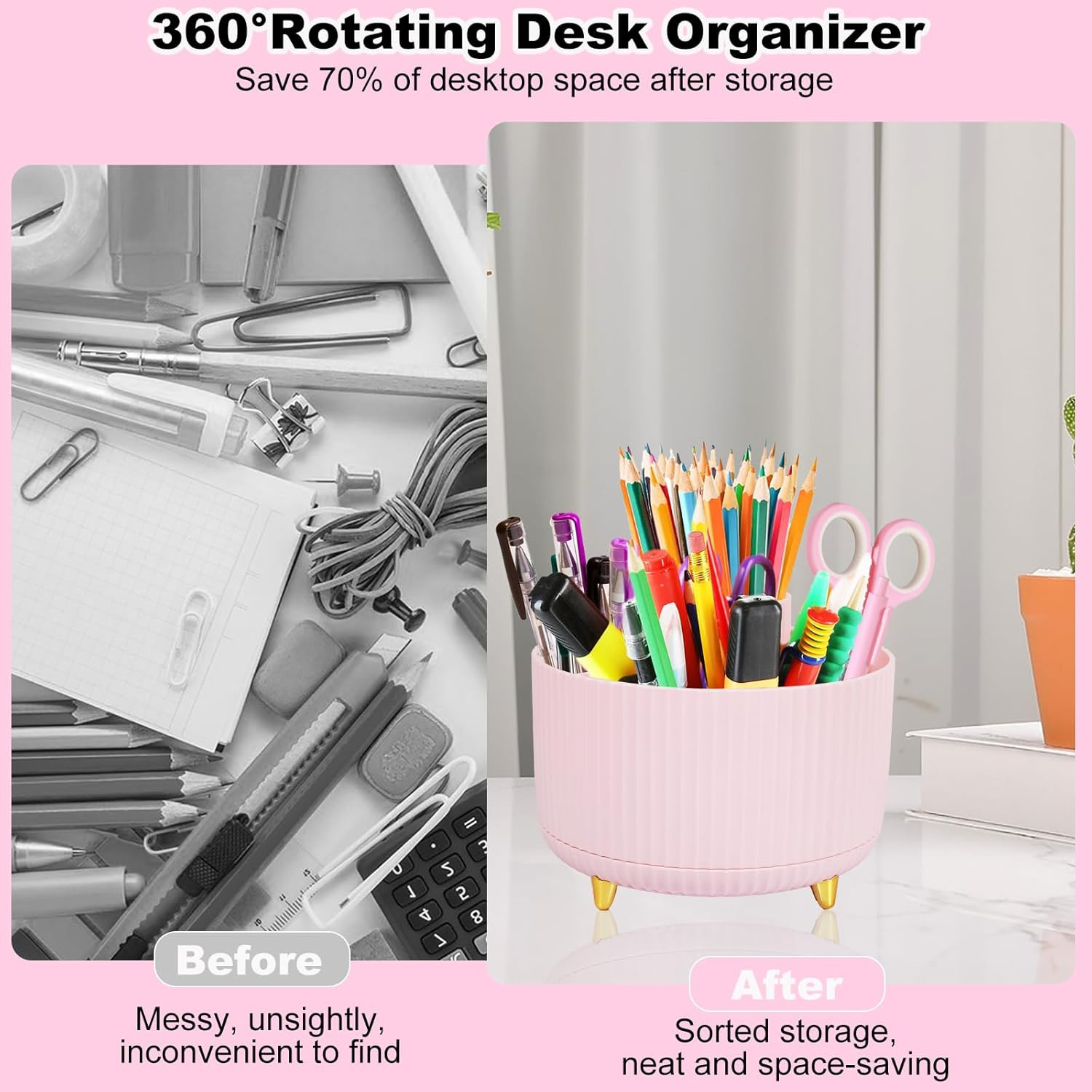 Pink Desk Organizers and Accessories Set with 360-Degree Rotating Pen Holder, Ta