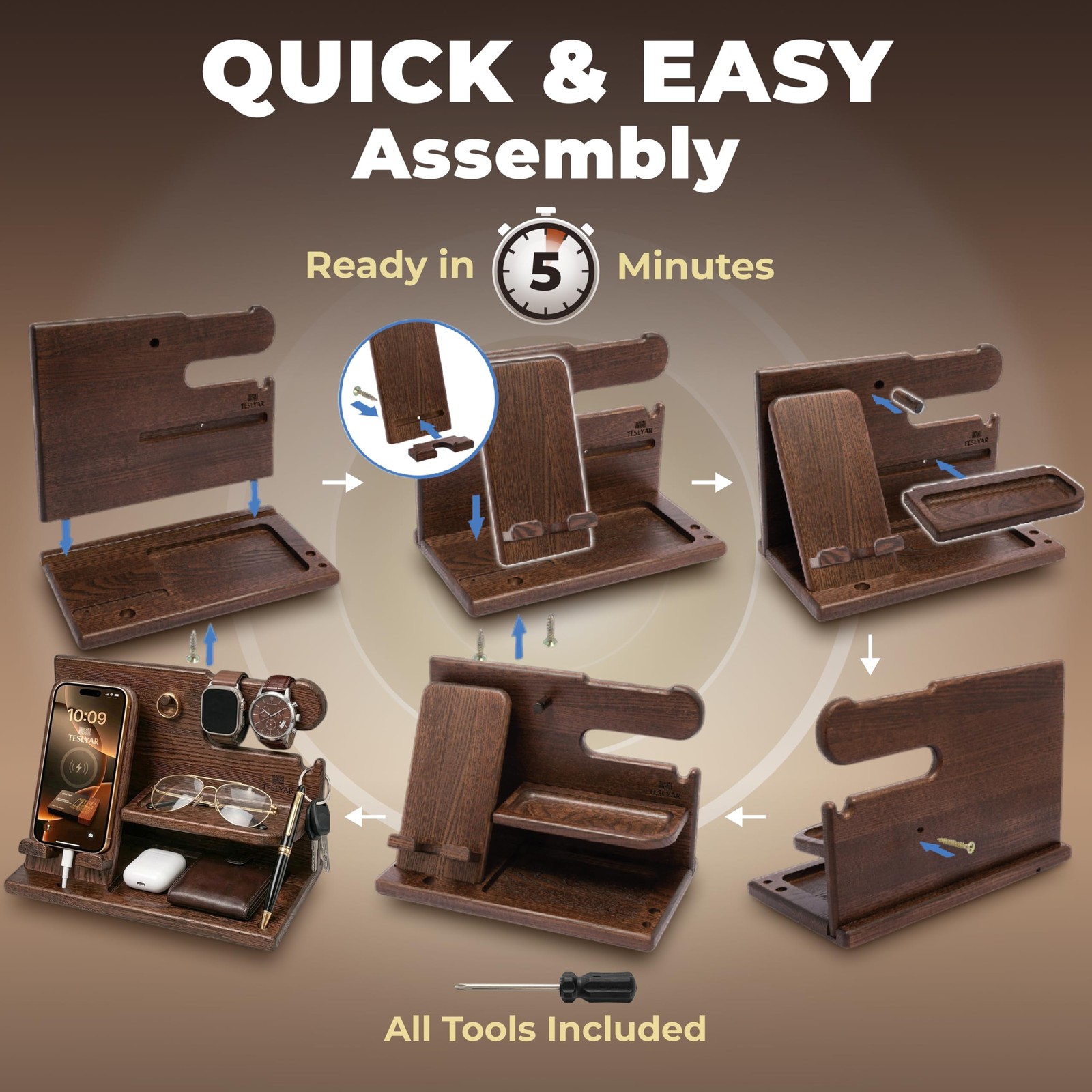 TESLYAR Wood Phone Docking Station for Men – Desk or Nightstand Bourbon Brown