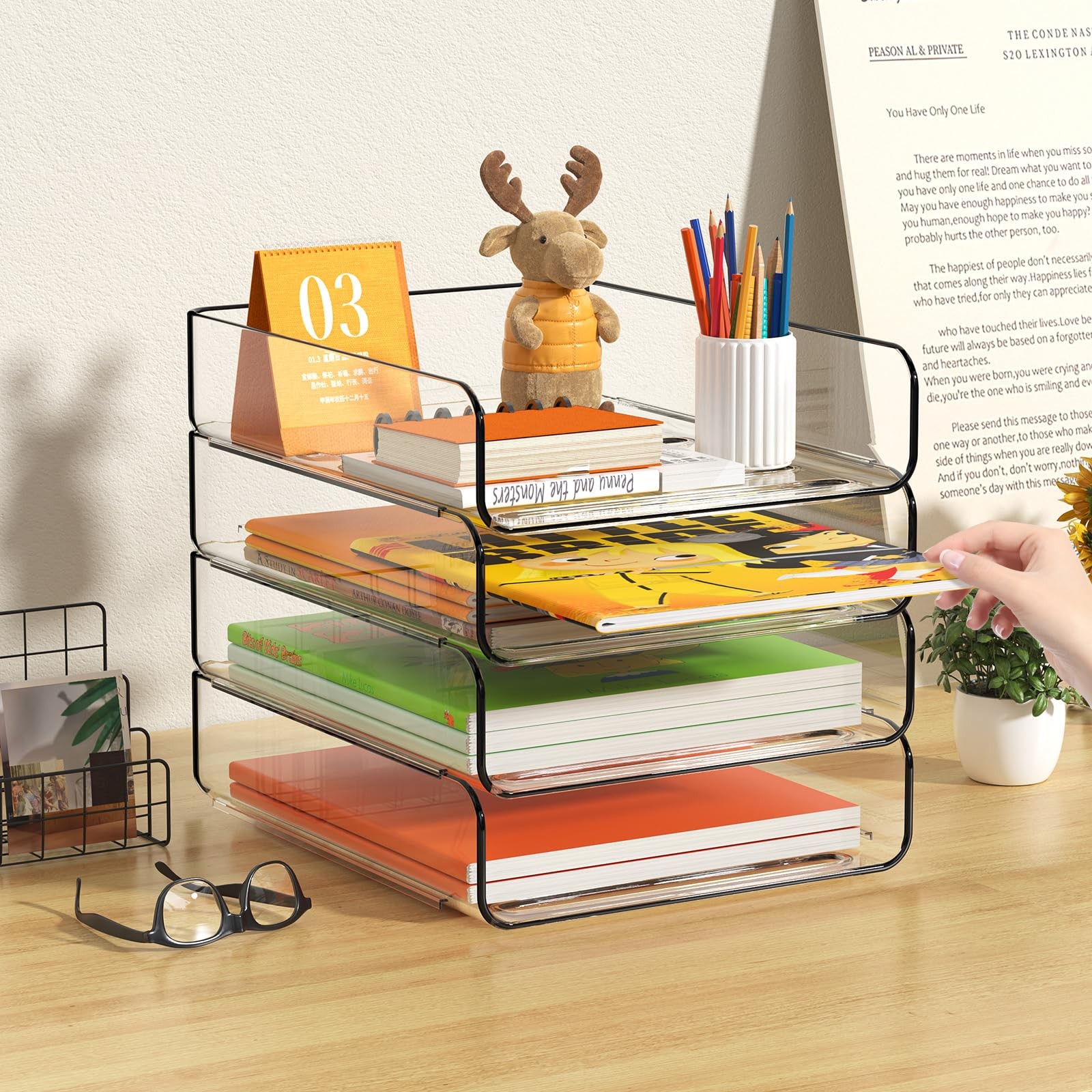 4-Tier Acrylic Paper Tray Organizer, Clear Stackable Desk File Organizer for …