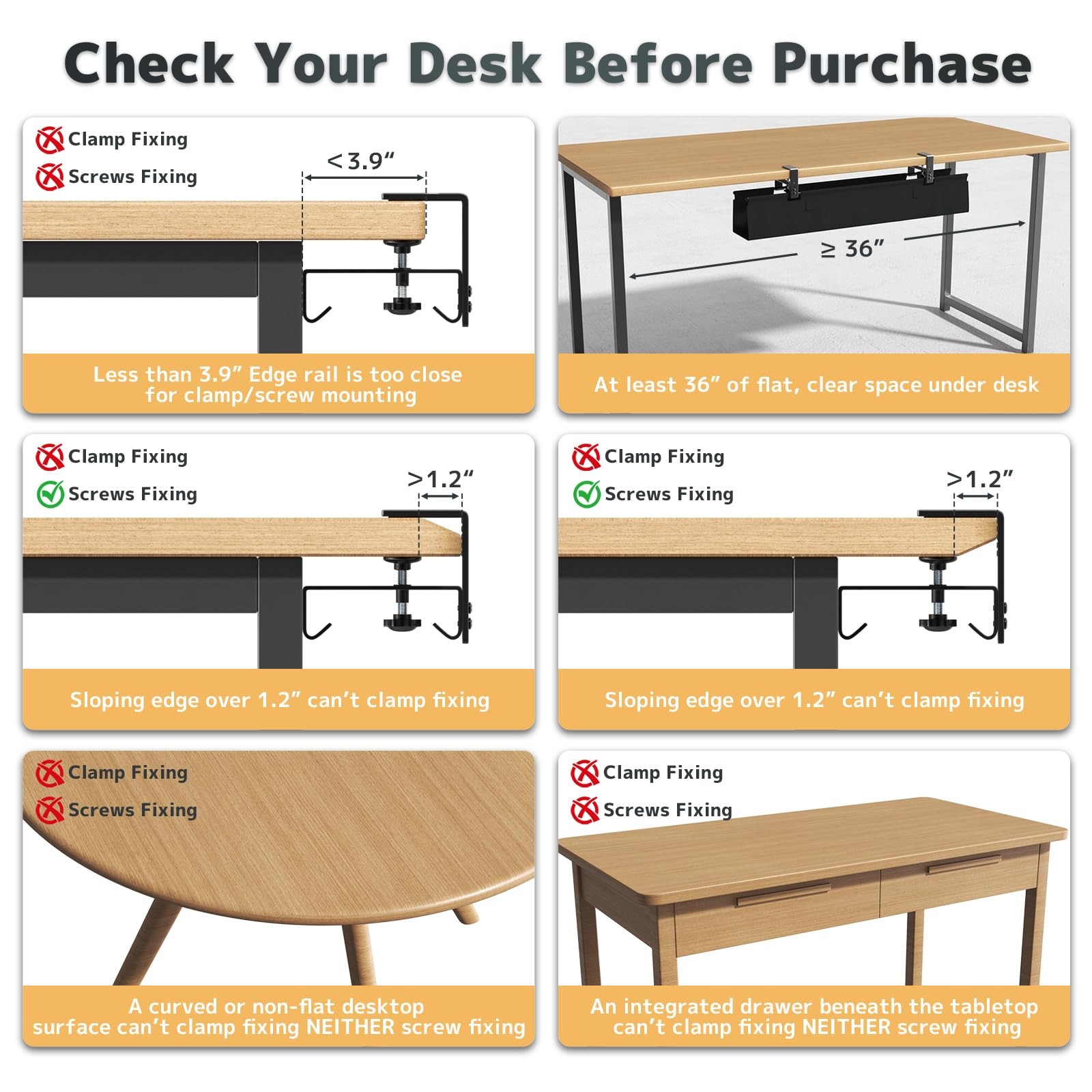No Drill Under Desk Cable Management Tray – 36″ Clamp/Screw 36″W, Black