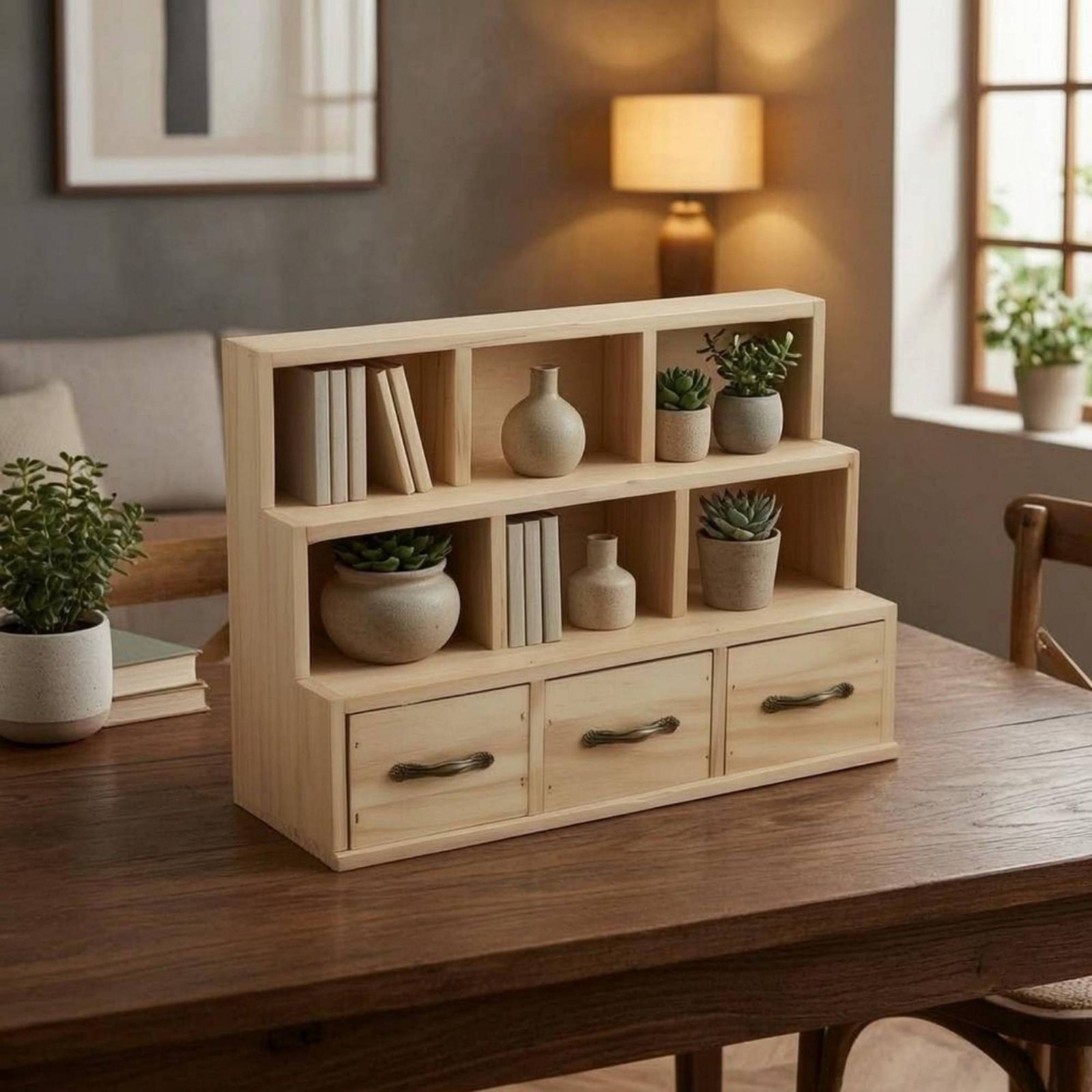 Wooden Desktop Cabinet 6 Compartments Workplace Supplies 3 Drawers