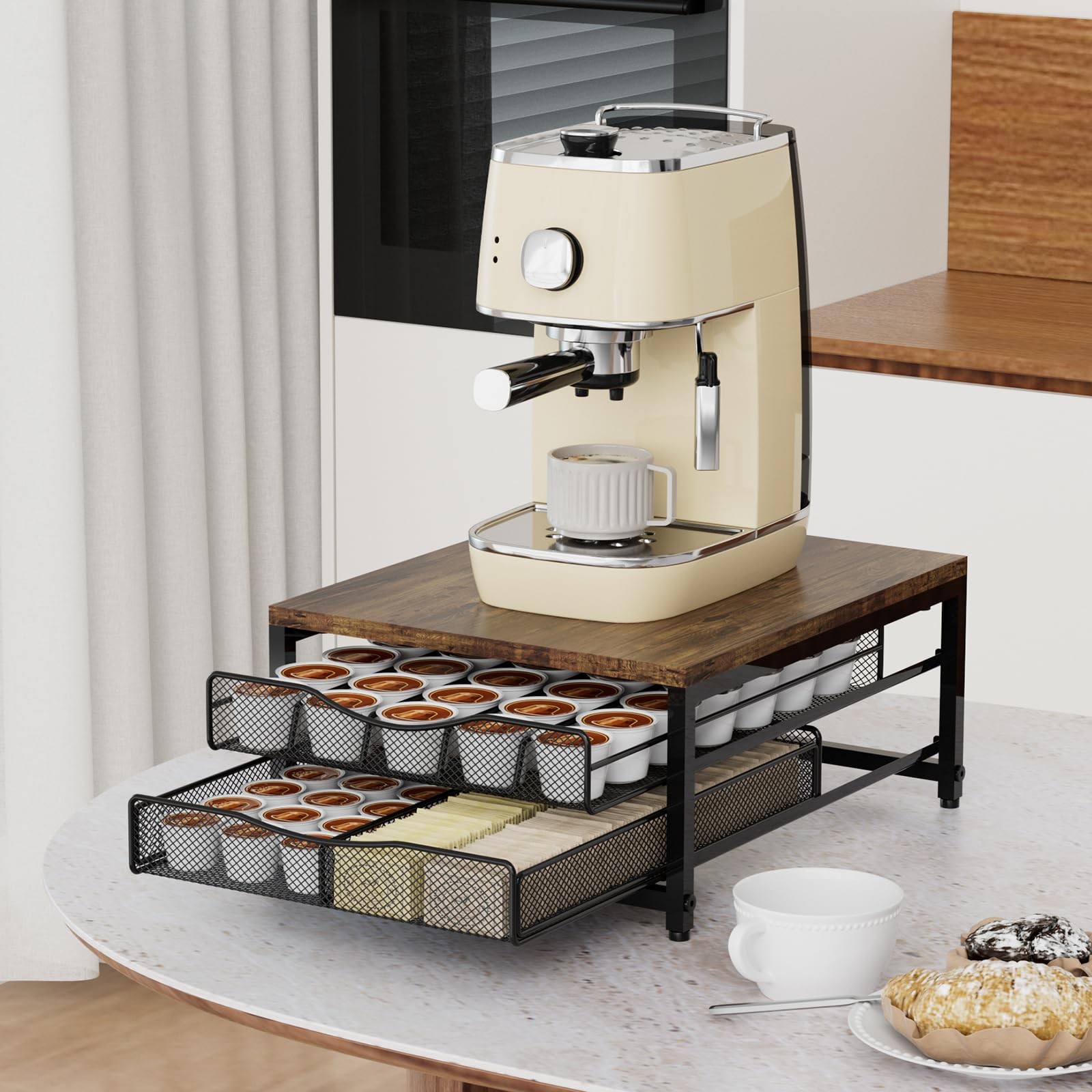 VyGrow Coffee Pod Holder For Counter, Double Layer Sliding Drawer, brown