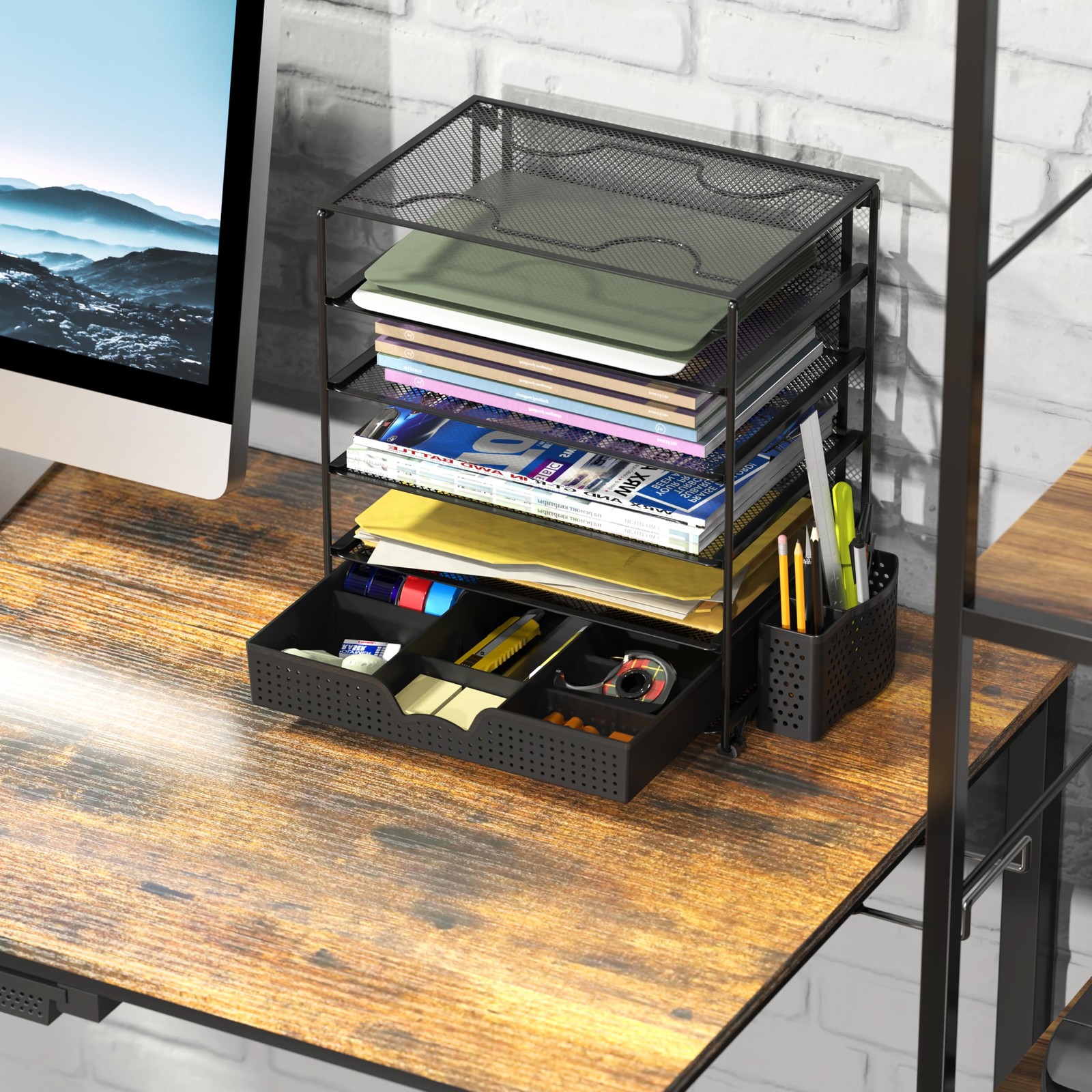 5-Tier Document File Tray with Sliding Drawer and Pen Bucket, Black