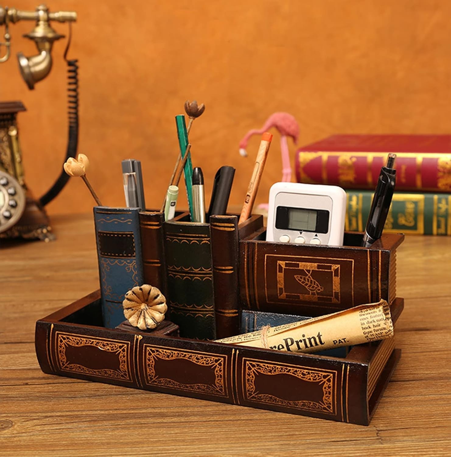 Decorative Pen Holder W/ Storage Compartment Wooden Pencil Holder & Organizer