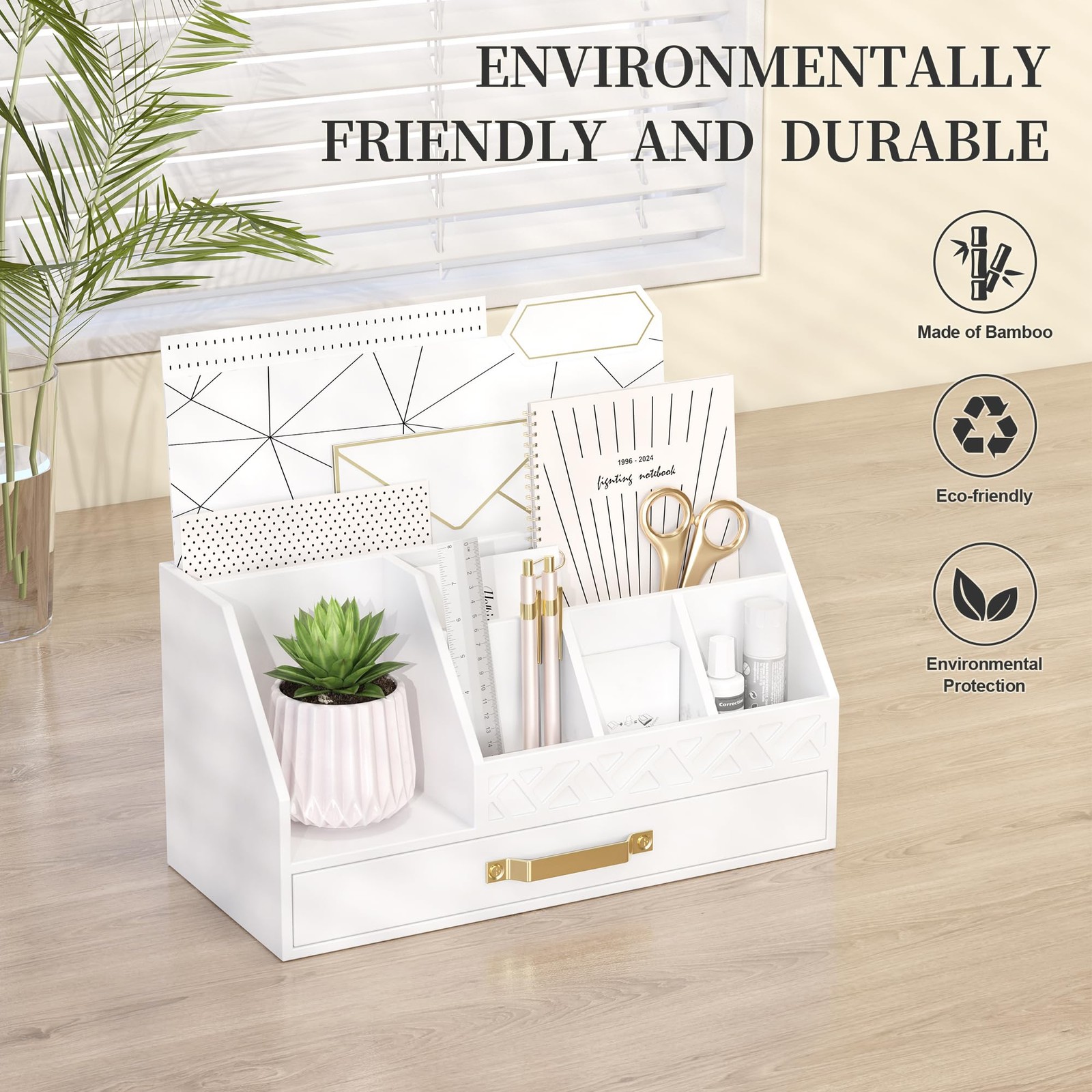 Wisuce Bamboo Mail Organizer Countertop with Drawers, Wooden Desk White