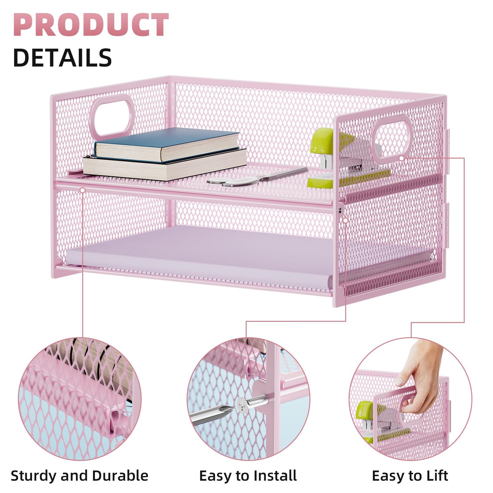 Pink 2~Tier Mesh Letter Tray Organizer with Handle for Office Desk