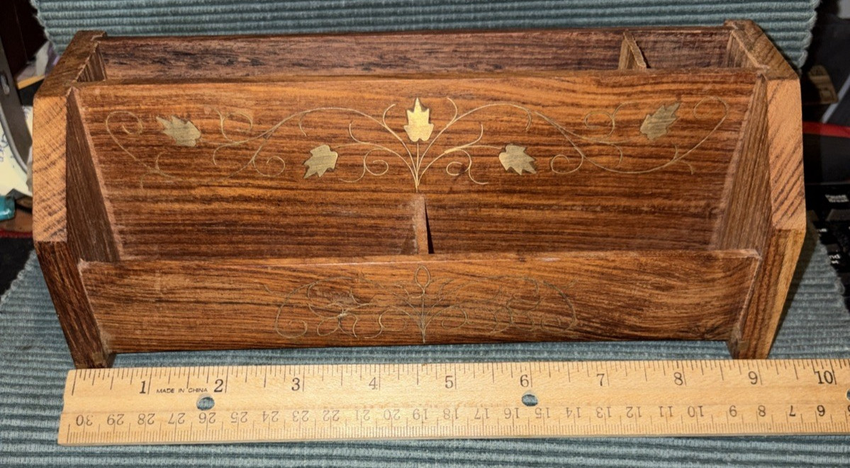 Letter Desk Organizer Wood With Brass Ivy Inlay Two Sections