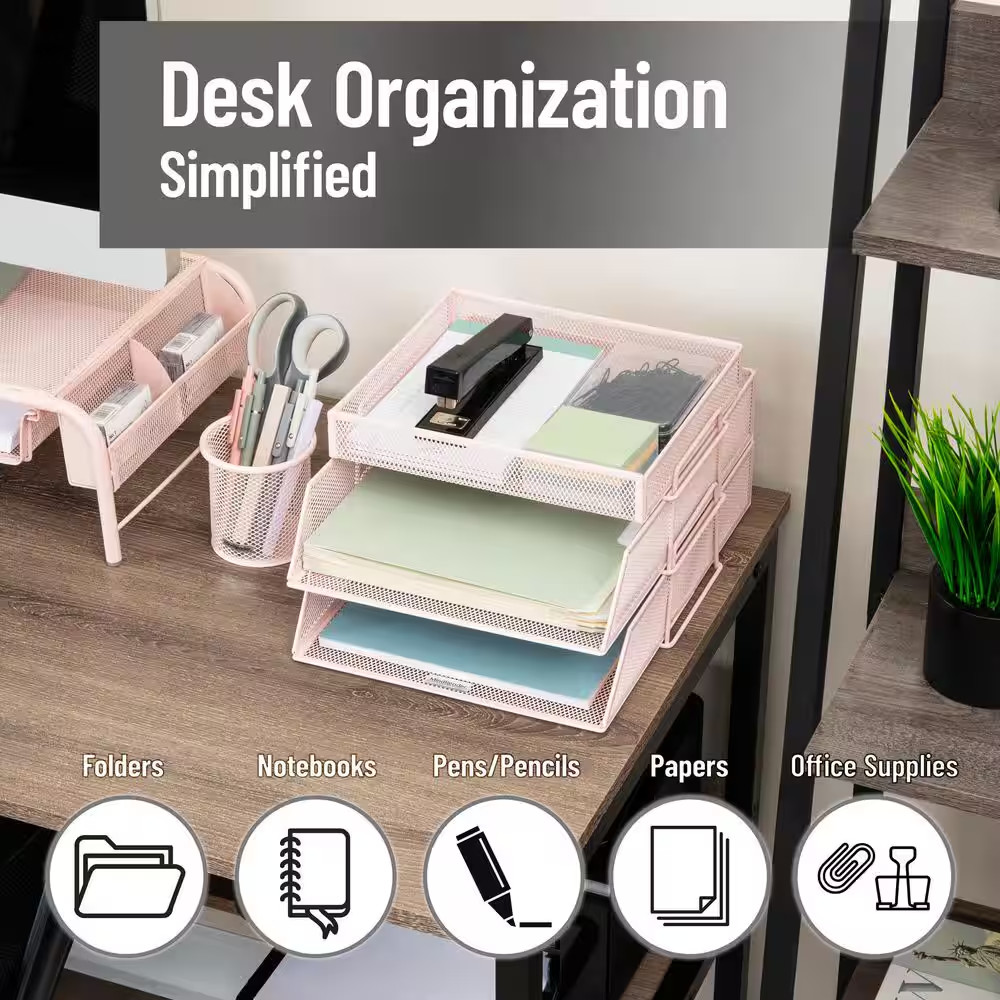 2 Tier Paper Tray with Top Supply Compartment, Desktop File Organizer, Metal Mes