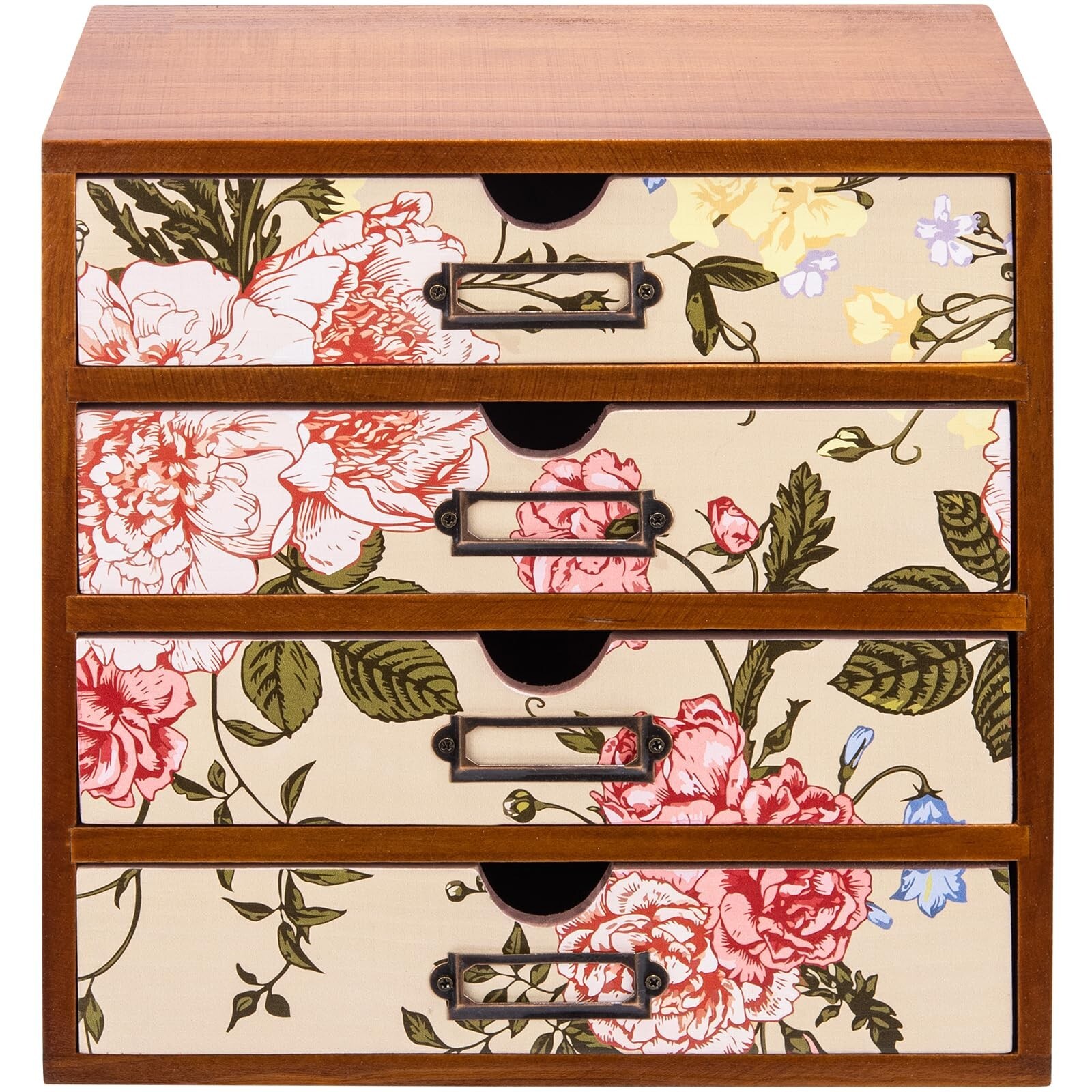 4-Drawer Vintage Desk Organizer with Jacobean Pattern Pastel Flowers Curio Dr…