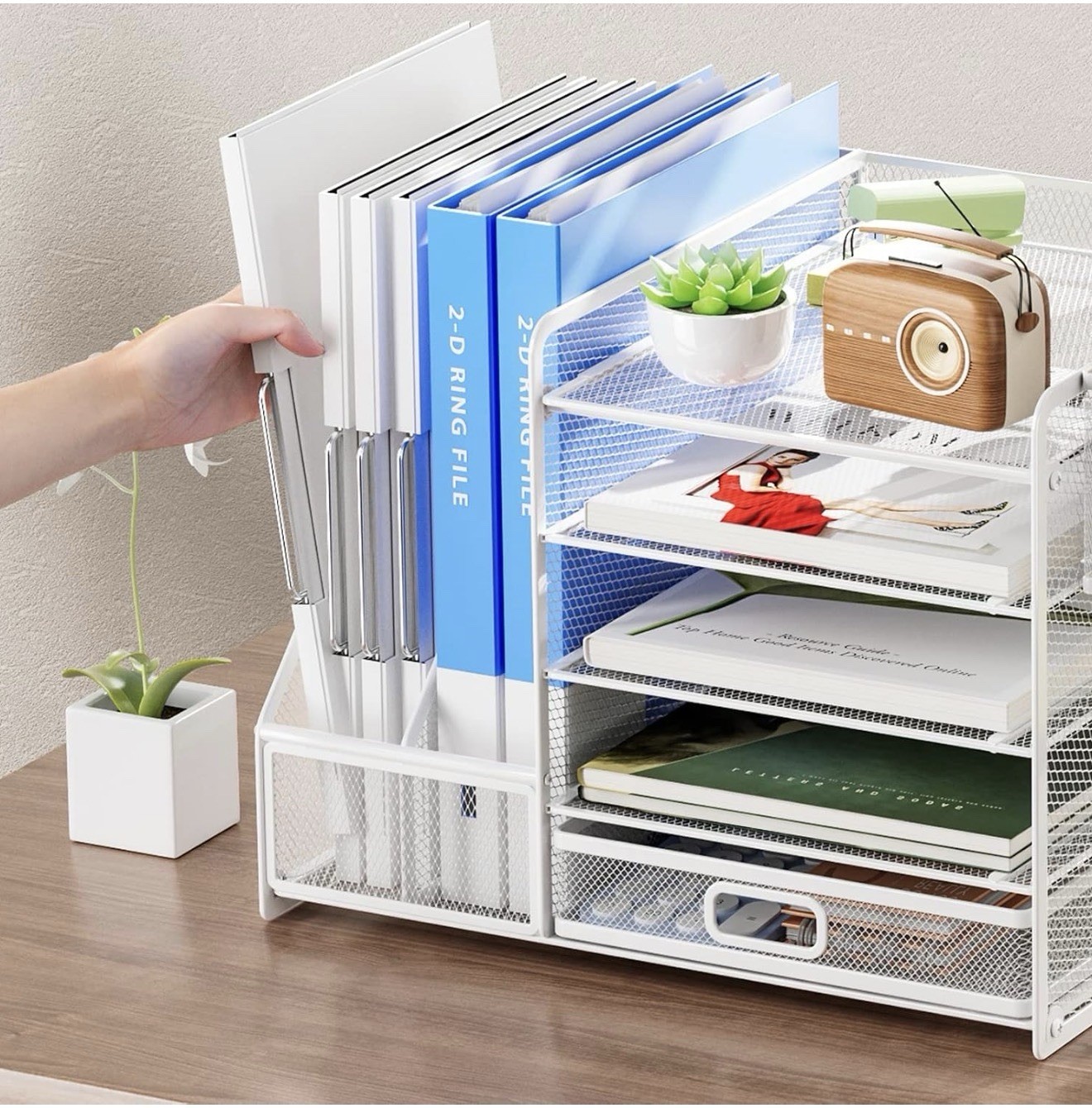 Desk Organizer with File Holder, 5-Tier Paper Letter Tray Organizer with Drawer