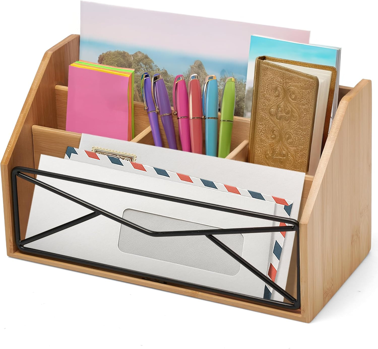Bamboo Desk Organizer for Office and Home – Natural Bamboo Mail Organizer for Co