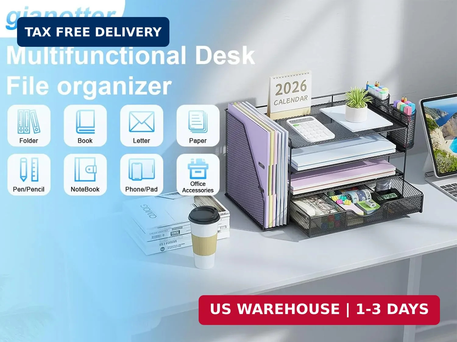 gianotter Desk Organizers and Accessories with File Holder, 4-Tier Desk Accessor