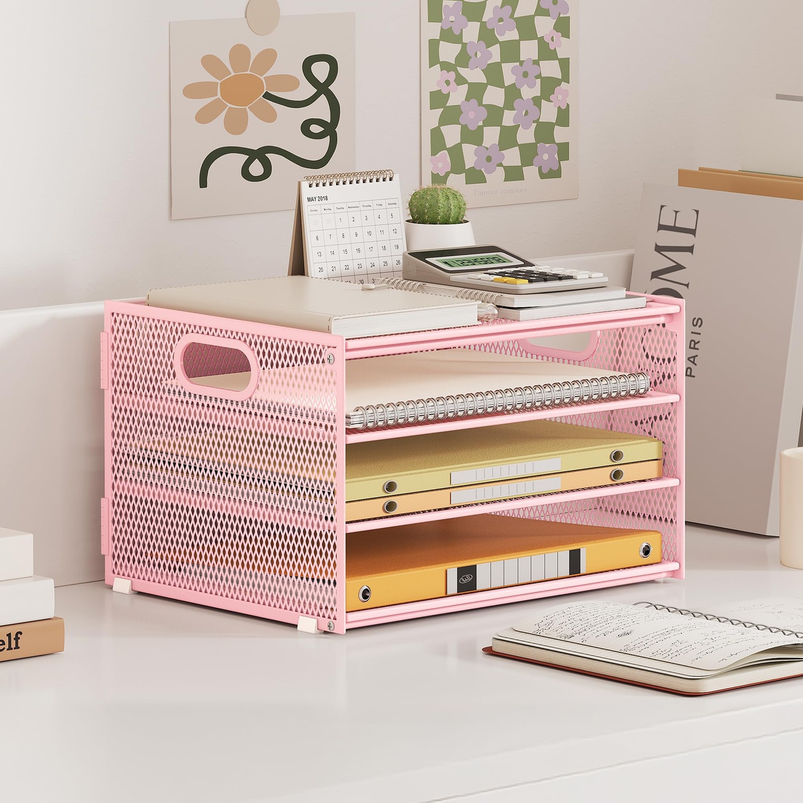 Paper Letter Tray Organizer Desk Pink Metal Mesh File Sorter 2 Sliding Trays
