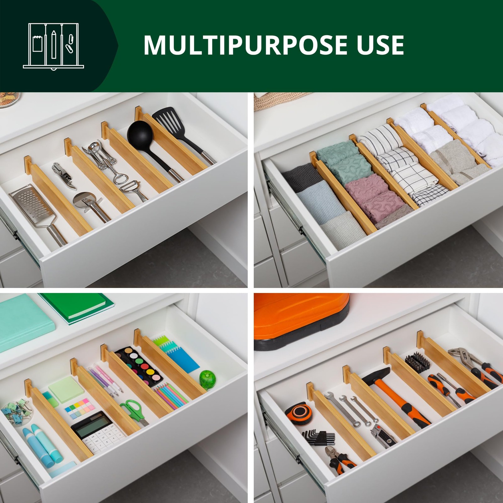 Bamboo Drawer Dividers Organizers, Adjustable Large (up to 22″), Natural