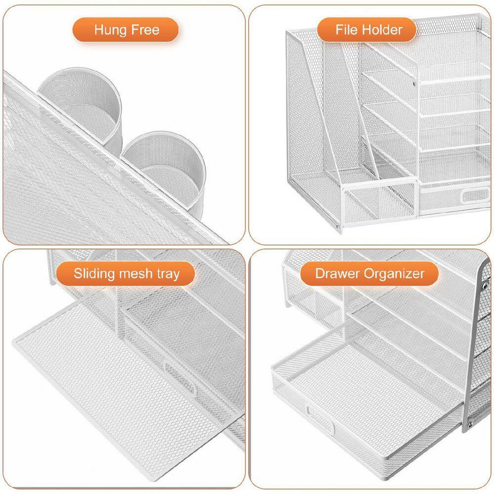 13.77 in X 11.02 in White Metal Desk Organizer with File Holder, 5-Tier Tray Org
