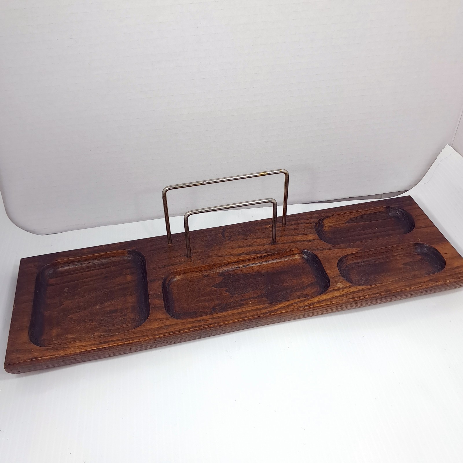 Vintage wood brass rail Desk Organizer Valet Tray office stationary mail paper