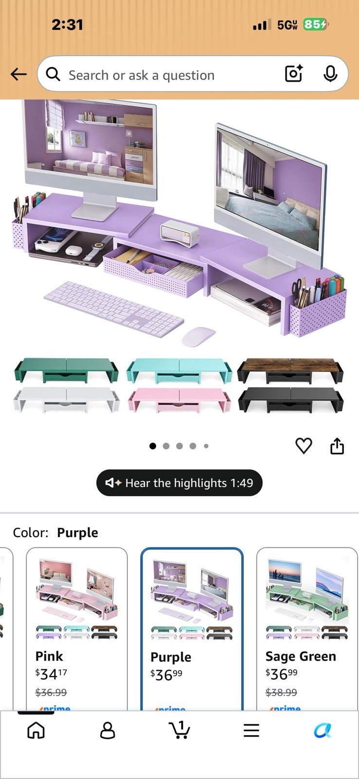 Purple Desktop Monitor Stand Organizer Shelf Set w/ Drawer Storage Riser