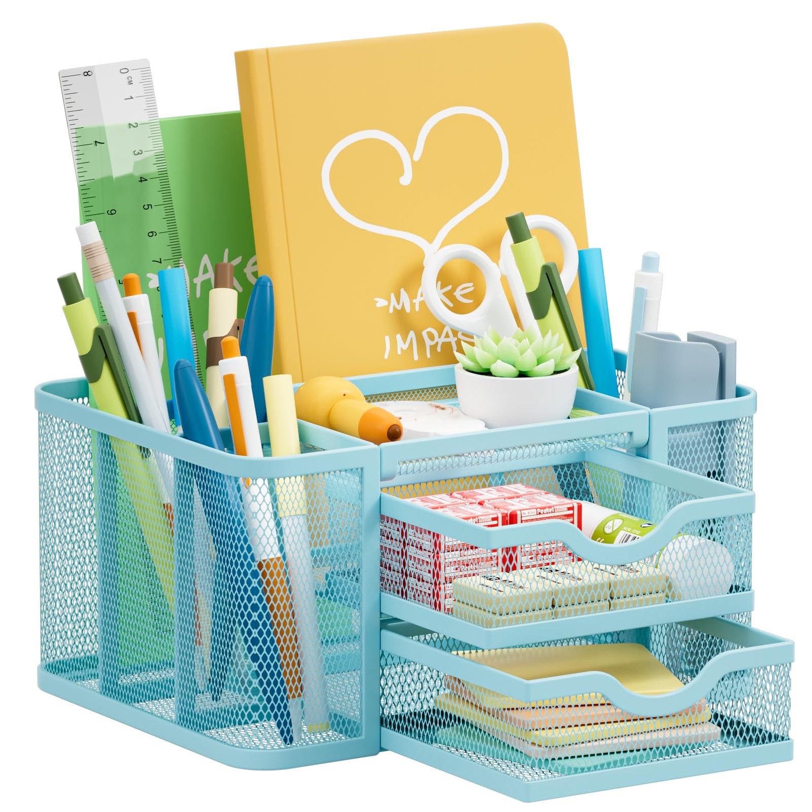 Mesh Desk Organizer, Pen Organizer with 2 Drawer, Multi-Functional Pencil Hol…