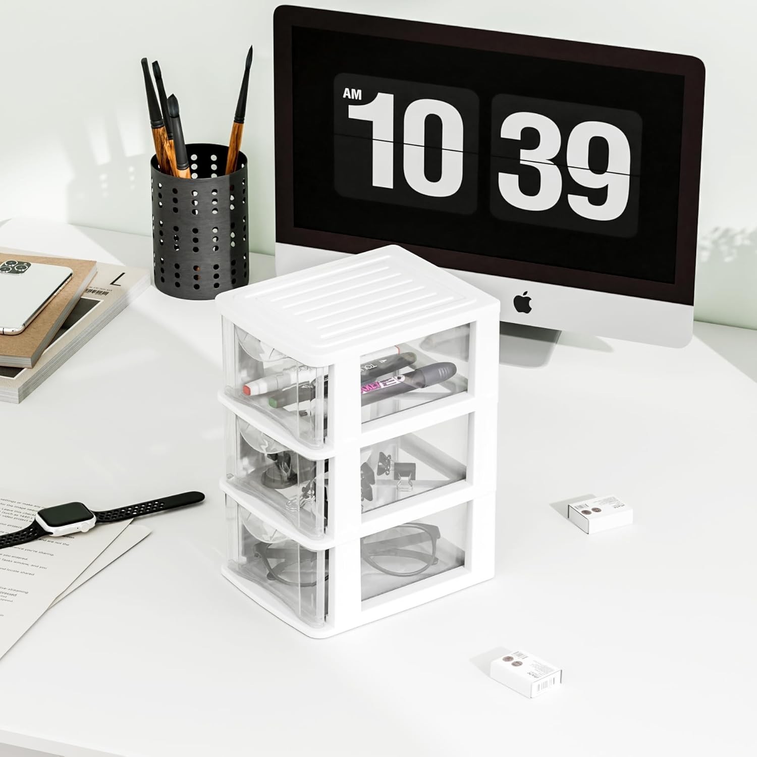 Small 3 Drawer Desktop Organizer, 2 Pack White Plastic Storage, Desktop Organ…