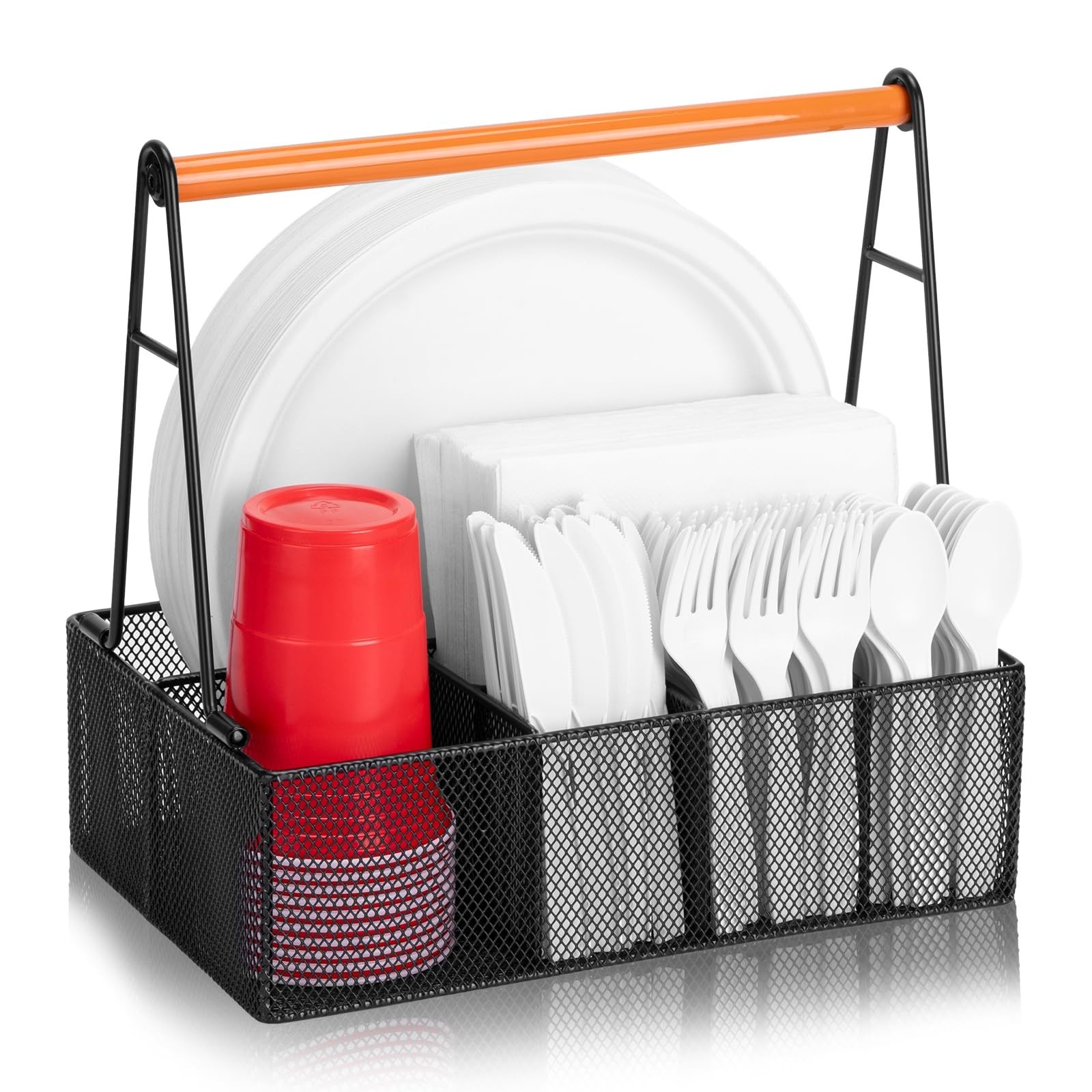 Countertop Paper Plate Organizer & Metal Silverware Caddy for Utensils, Cups & N