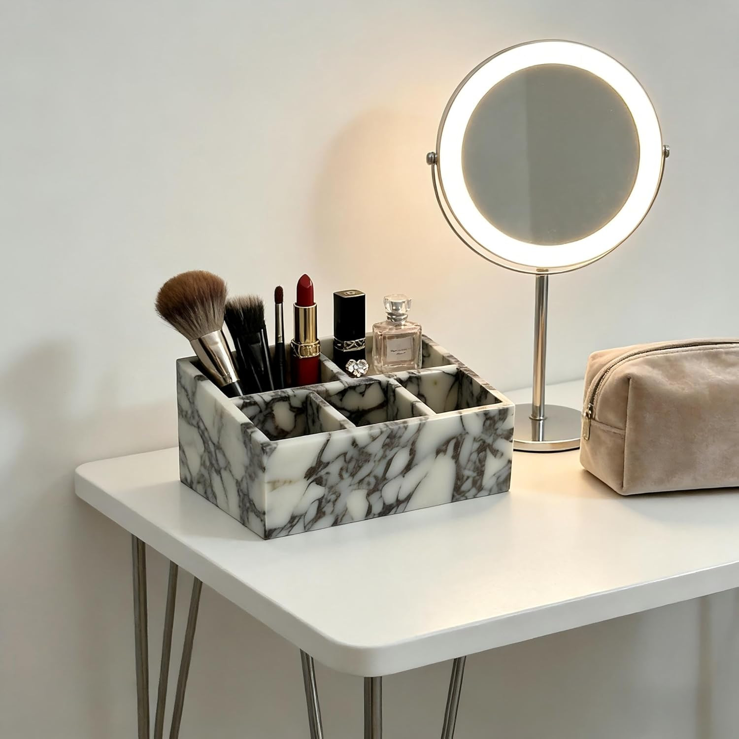 Elegant Marble Desk Organizer with 2 Compartments for Office & Makeup Storage