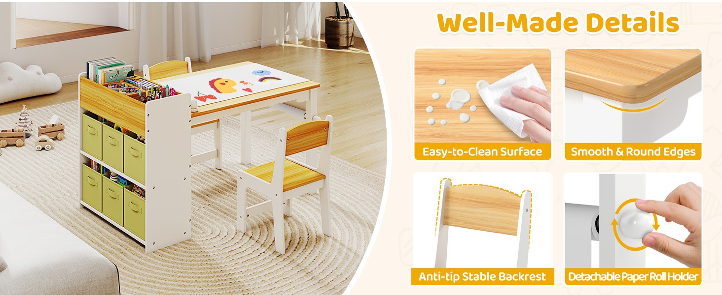 Kids Art Table and Chair Set, Craft and Play Wood Activity Table with