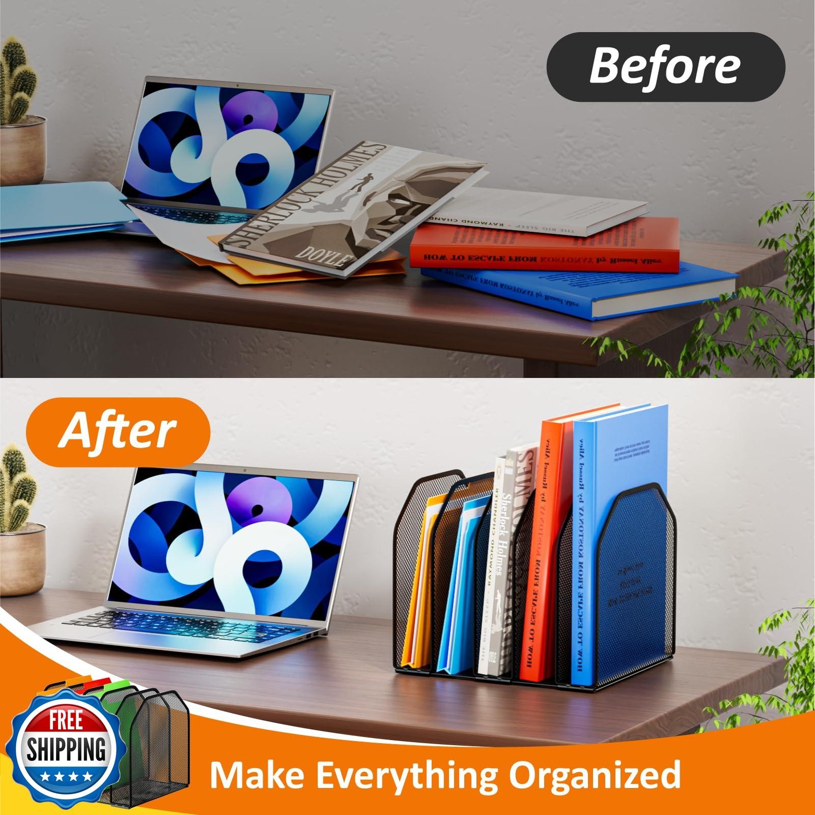 FUCDTEFC Desk File Organizer, Adjustable 5 Sections Upright Desktop Organizer