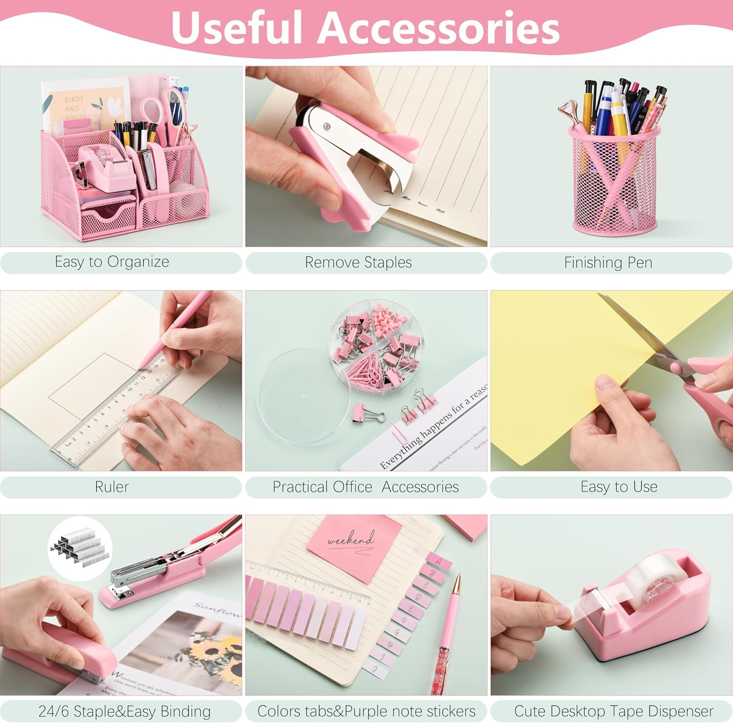 Pink Mesh Desk Organizer Office Supplies Set 11 Pc with Stapler Scissors