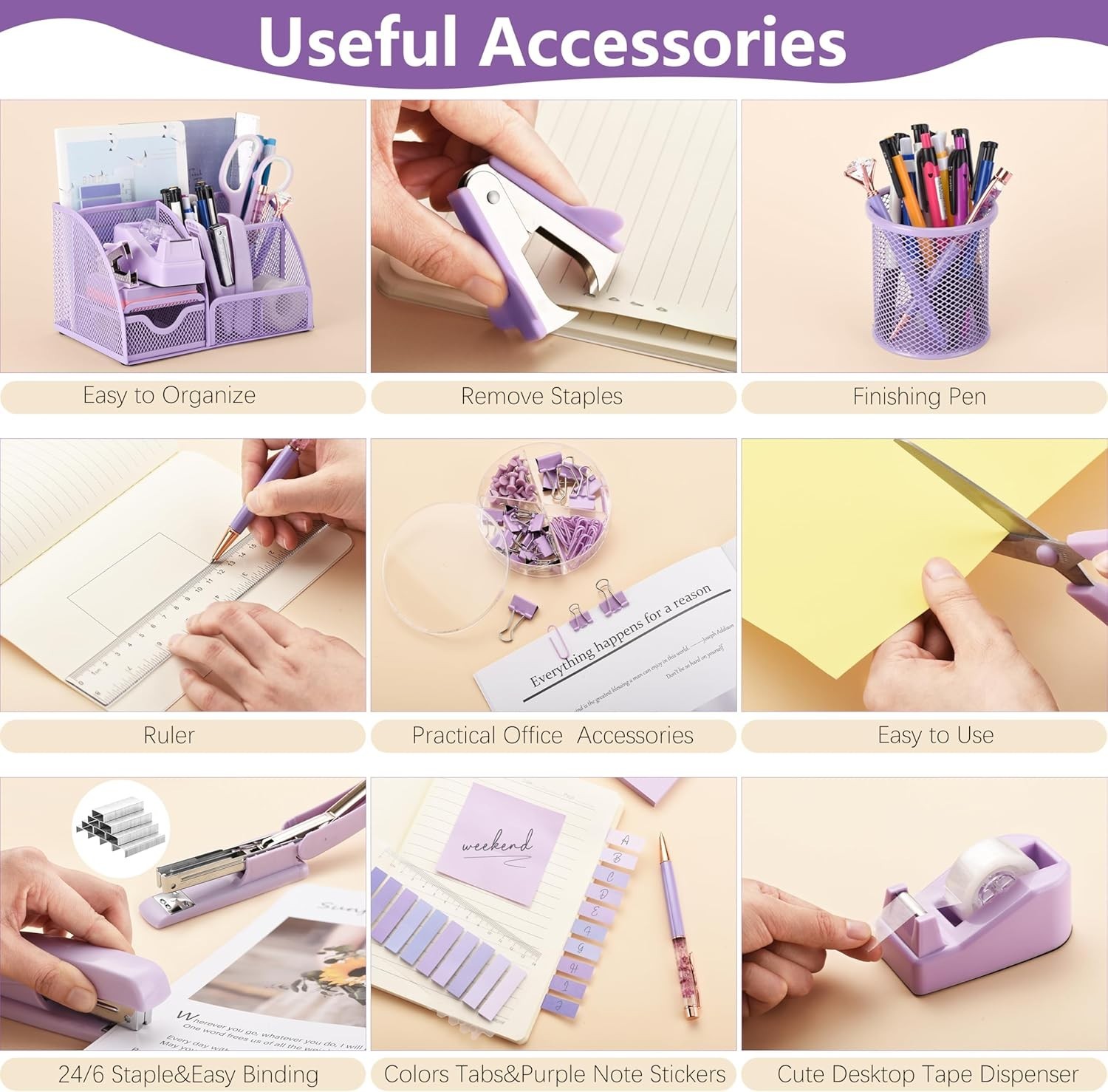 15 Pcs Purple Office Supplies Set Mesh Desk Organizer Accessories Kit include…