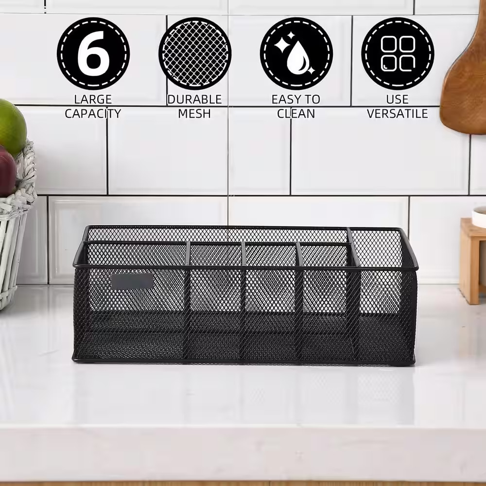 Countertop Black Metal Paper Plate Organizer with 6 Compartments Cup Napkin Uten