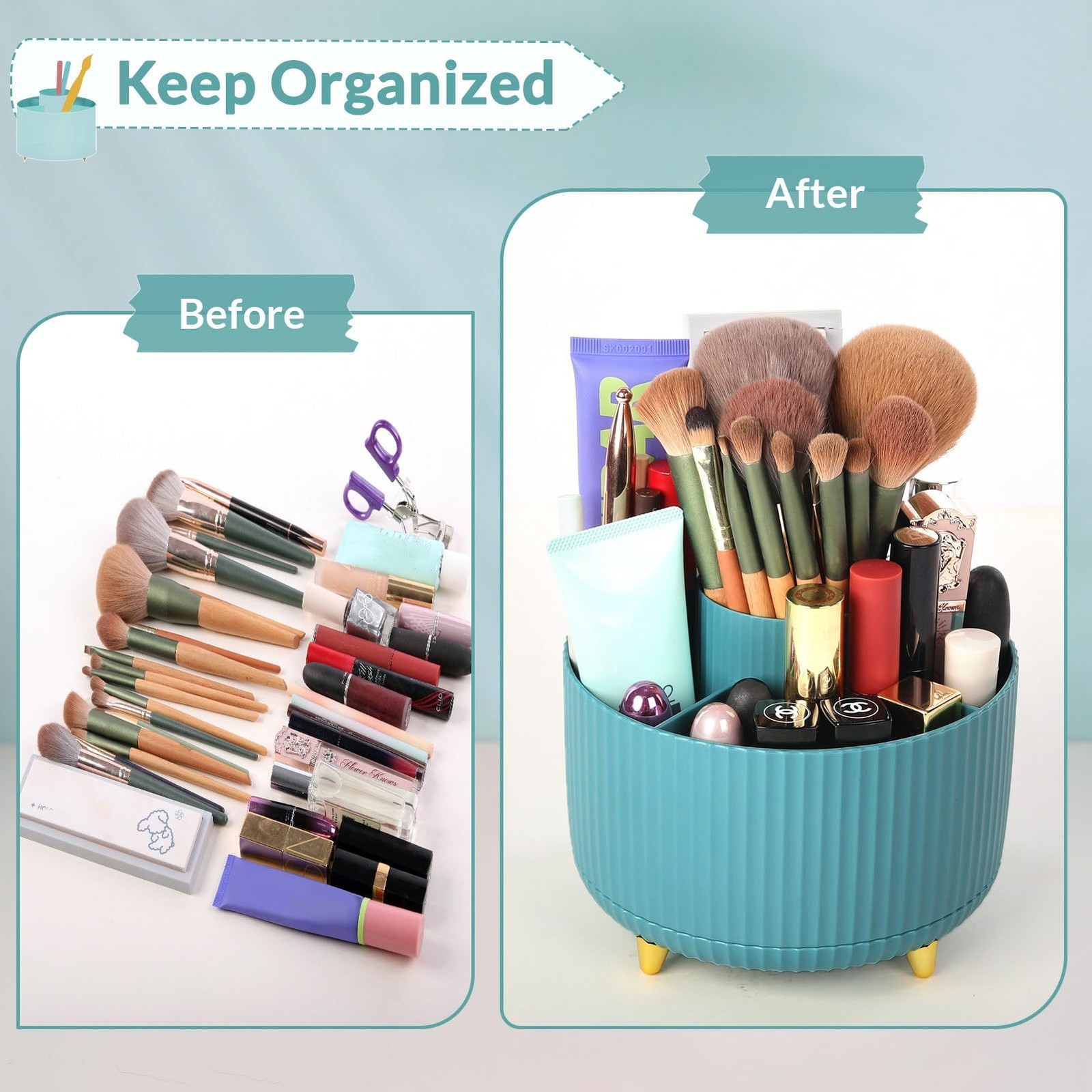 SKYDUE Makeup Organizer, Rotating Pencil Pen 5.8*5.8*4.7 Inches, Blue_1Pack