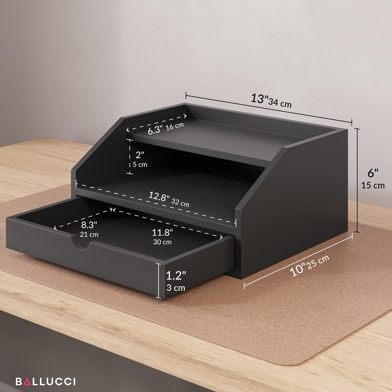Ballucci Desk Organizer with Drawer, 3 Tier Paper, Office Supplies and File Orga