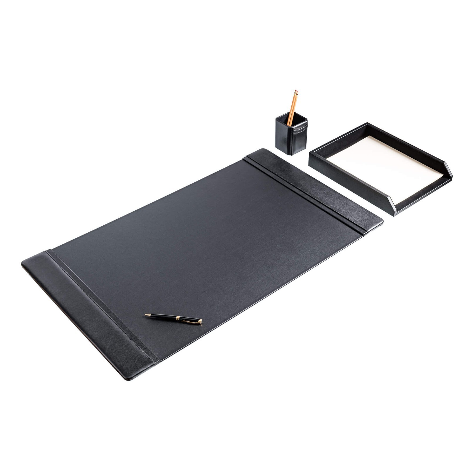 Dacasso Black Leather 3-Piece Desk Set, 3-PCs, 34″ x 20″ / NEW