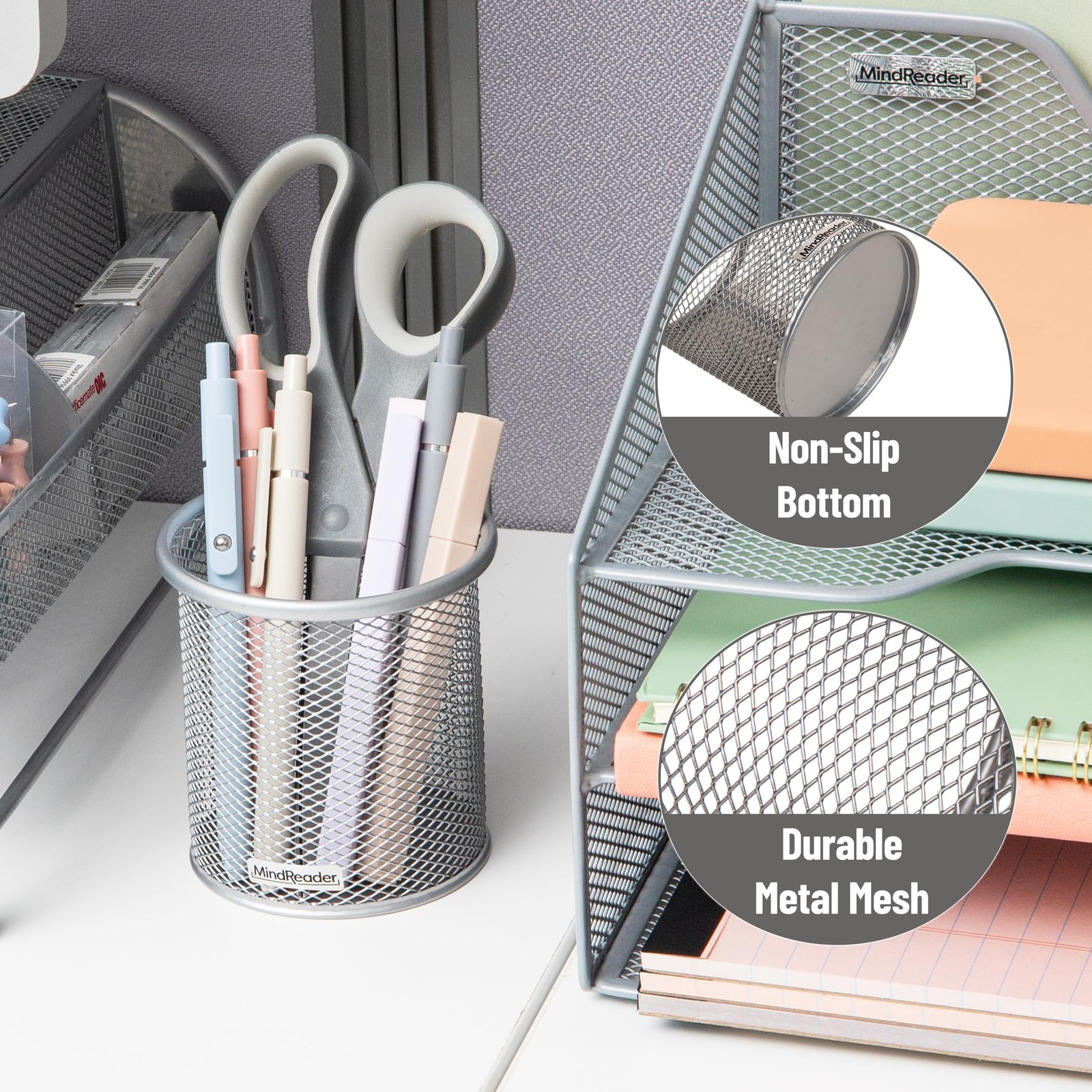 Pen and Accessories Holder, Desktop Organizer, Office, Metal Mesh, 3.5″L x 3….
