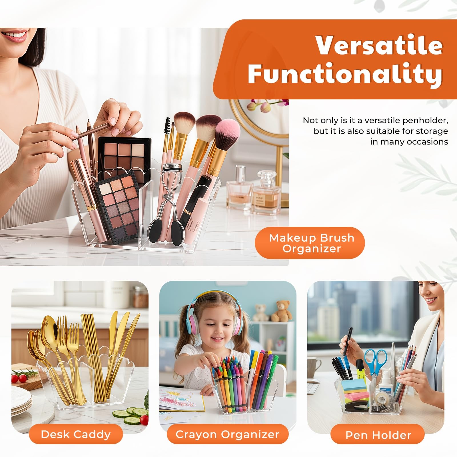 Novacrylion Clear Acrylic Pen Holder 2-Compartment Scalloped Desk Caddy