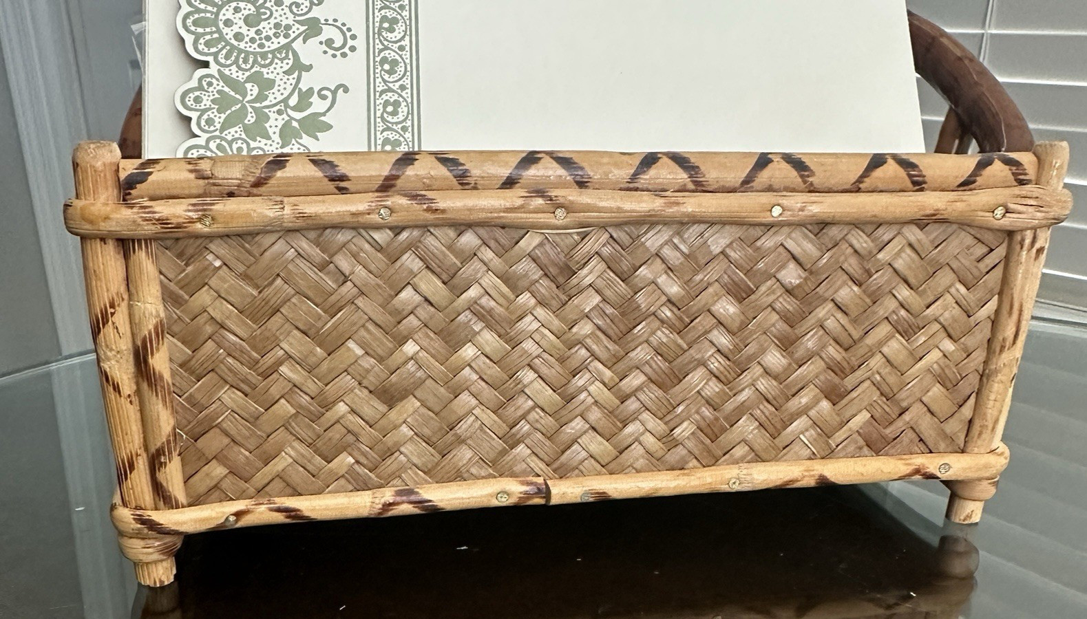 Vintage Burnt Bamboo Rattan Desk Organizer Napkin Caddy Letter Holder Hong Kong