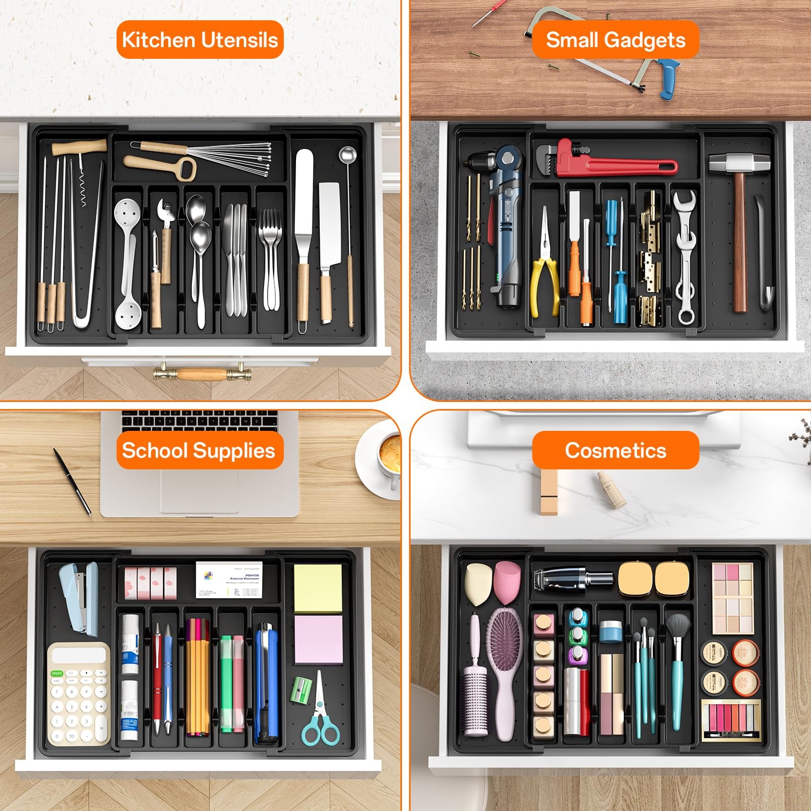 RoomHacks Large Silverware Organizer,Expandable Utensil Drawer Black