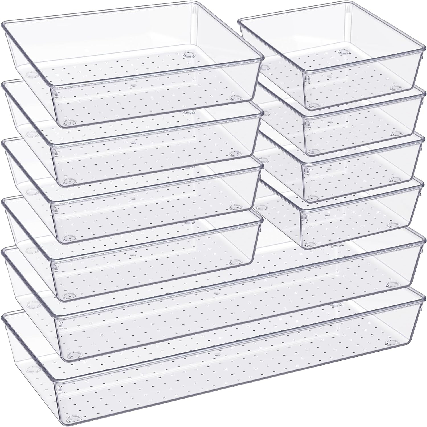 Drawer Organizer, 10 Pack Large Clear Plast Set, 3 Size Versatile Bathroom and V