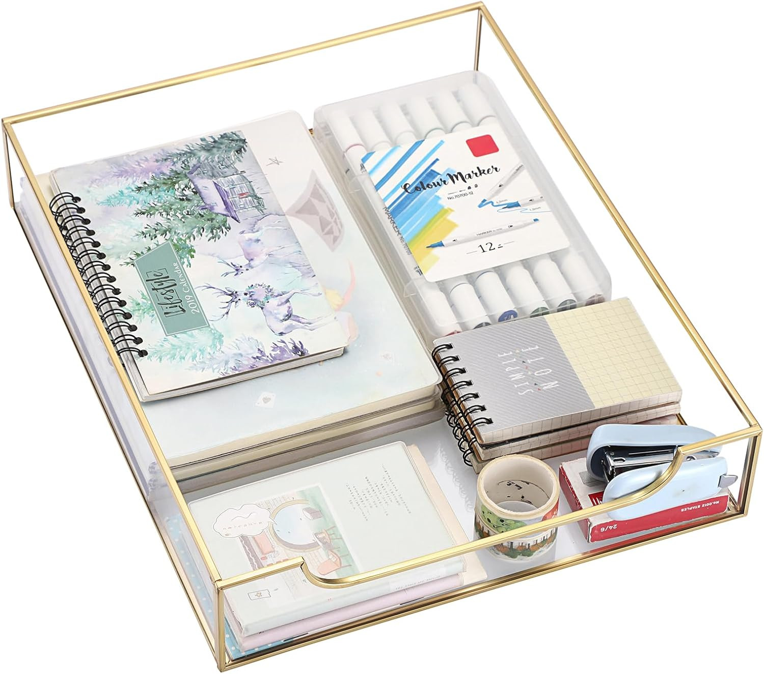 1 Pack Golden Glass Desk Tray, Multi-Purpose Organizer for A4 Paper, Documents,
