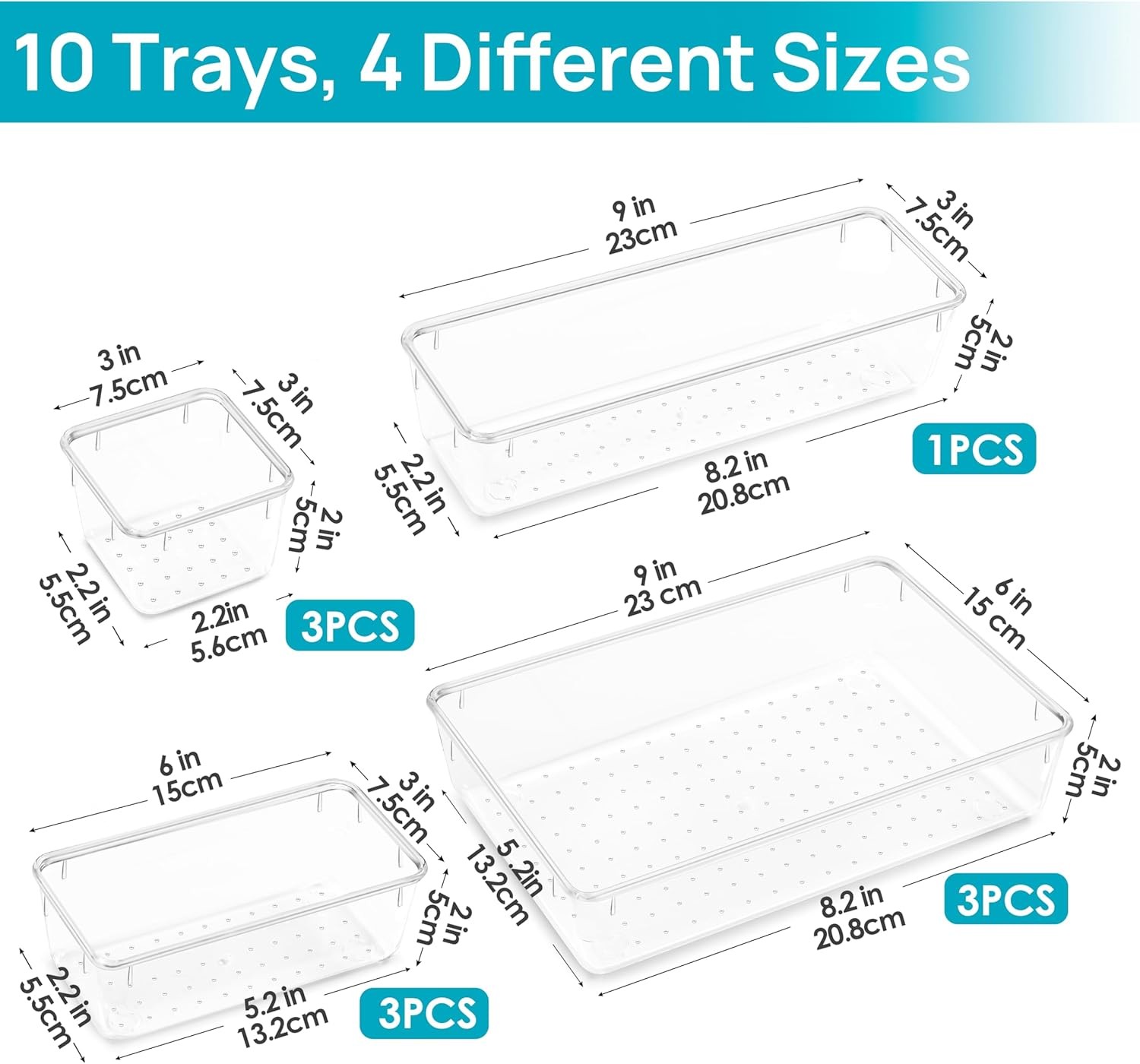 Vtopmart 10 Pcs Makeup Drawer Organizer Bins Set, 4 Size Plastic Makeup and
