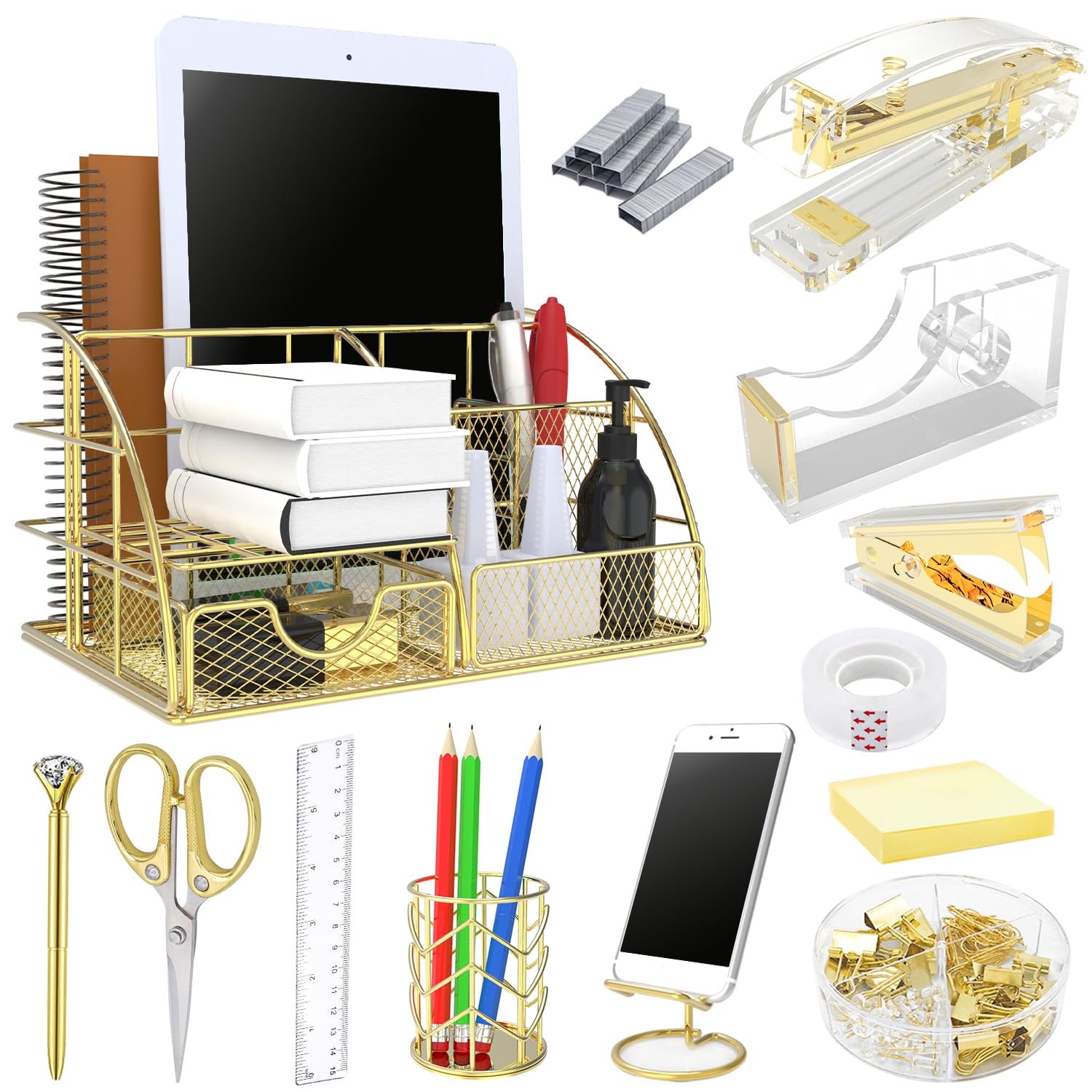 Office Desk Organizers, Gold 13PCS Office Supplies and Accessories Desk Organ…