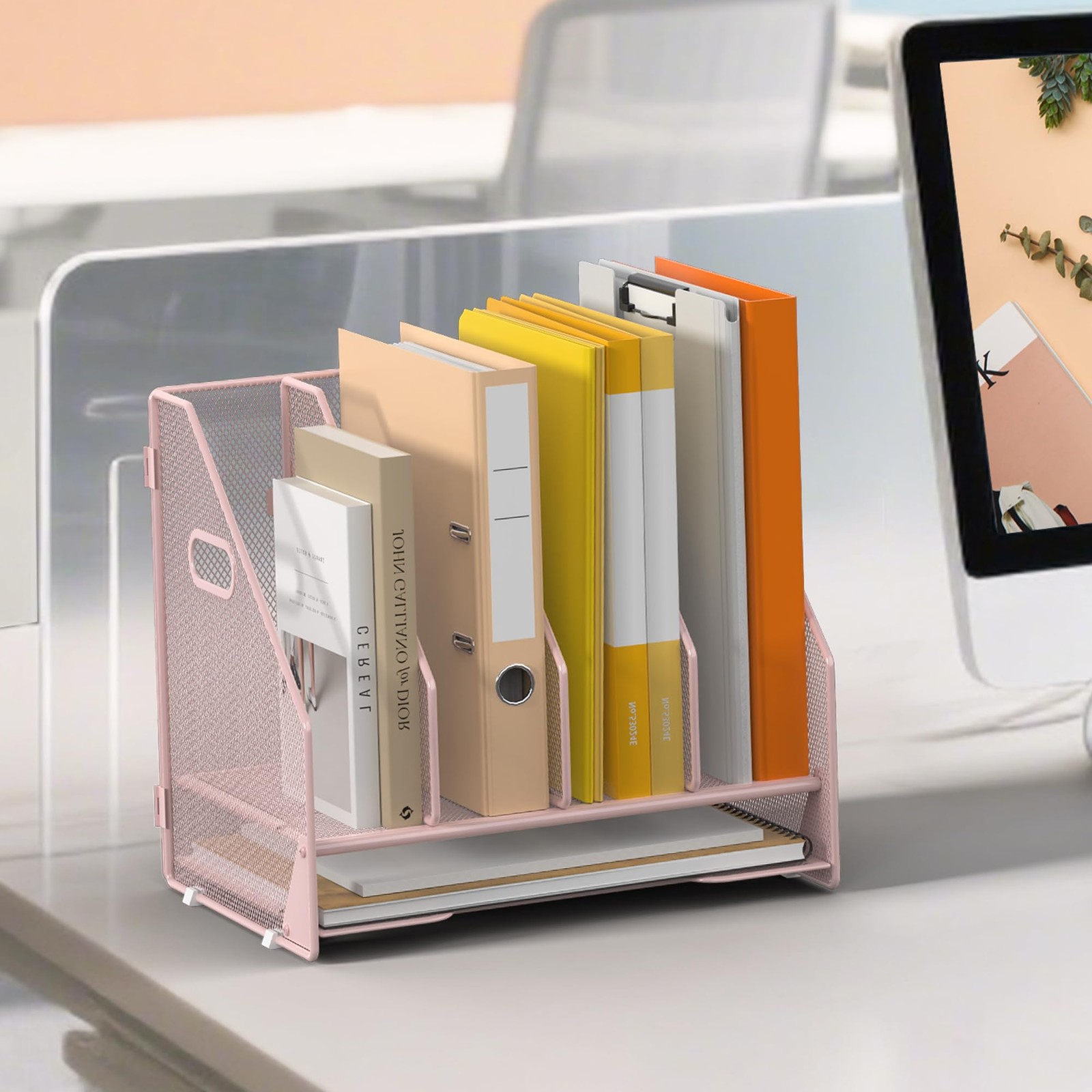 Desk File Folder Holder Organizer-4 Vertical Compartments Racks and Paper Let…