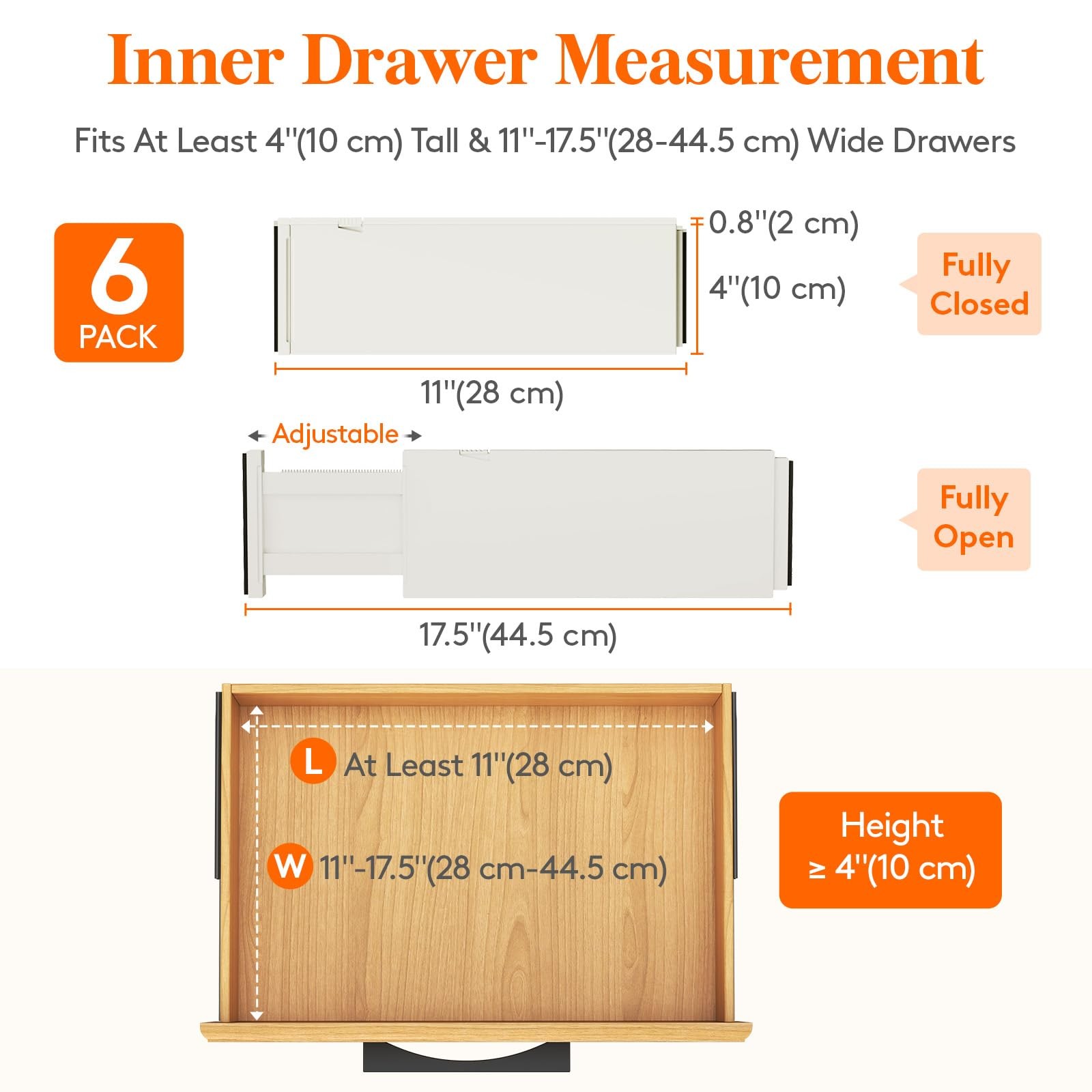 Lifewit 6 Pack Drawer Dividers 4″ High 28-43.5cm/11-17″ 16-22″, Beige