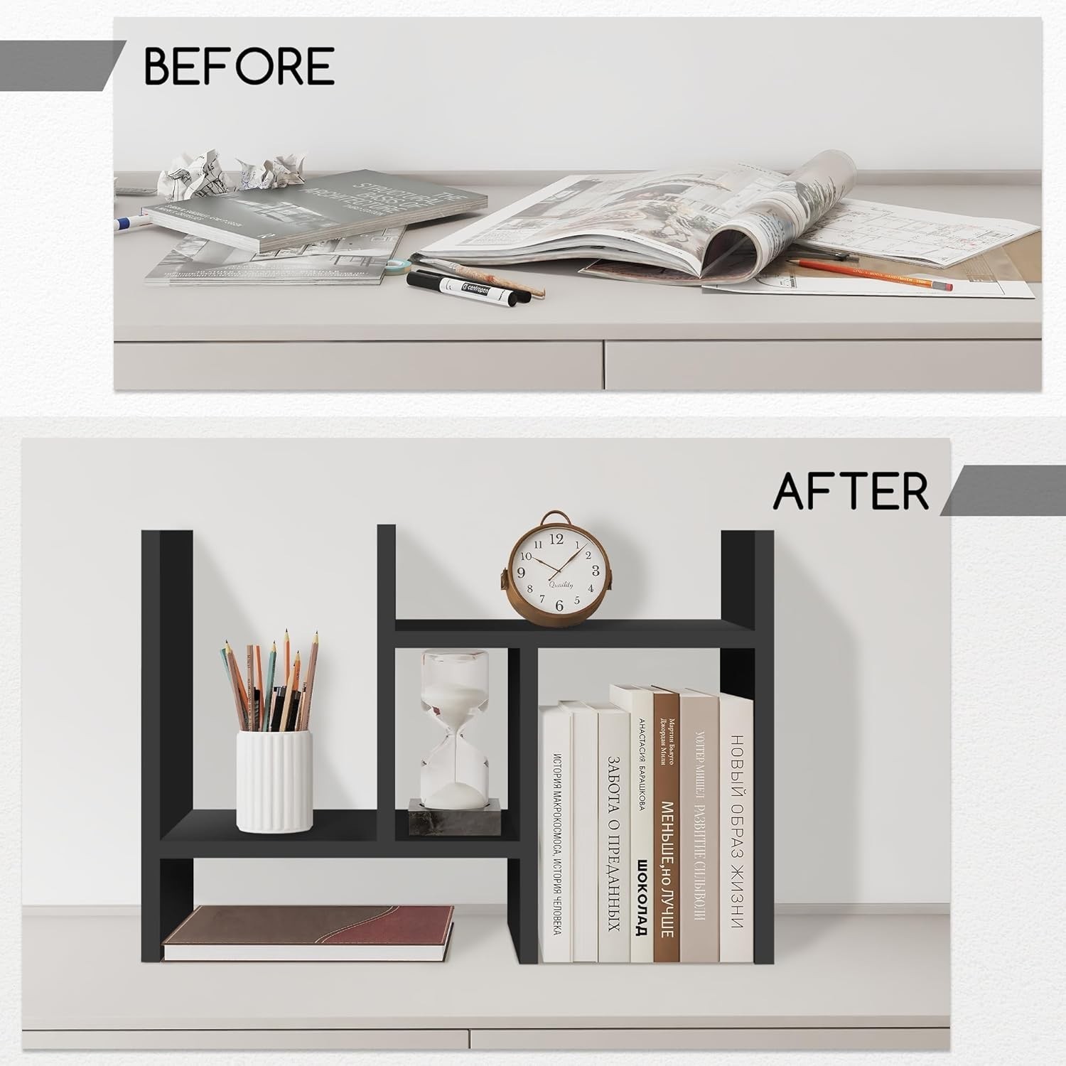 Wood Desktop Organizer Office Shelf Adjustable Double H Mini Bookshelf