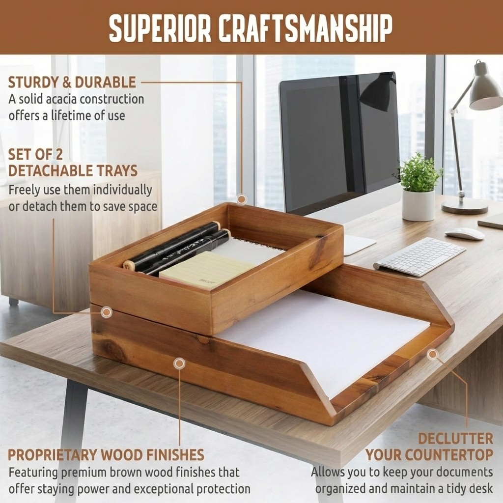 Set of 2 Wood Desk Organizer Letter Trays Tabletop Storage for6301
