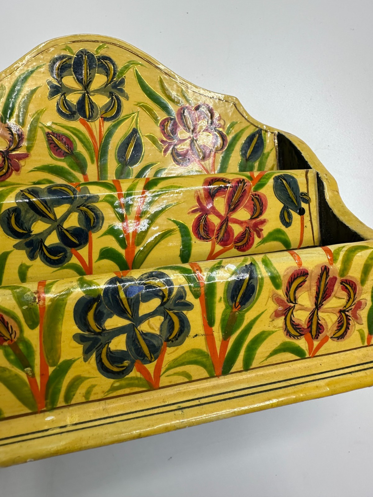 Desktop Letter Holder Yellow Painted Floral Organizer Paper Mache