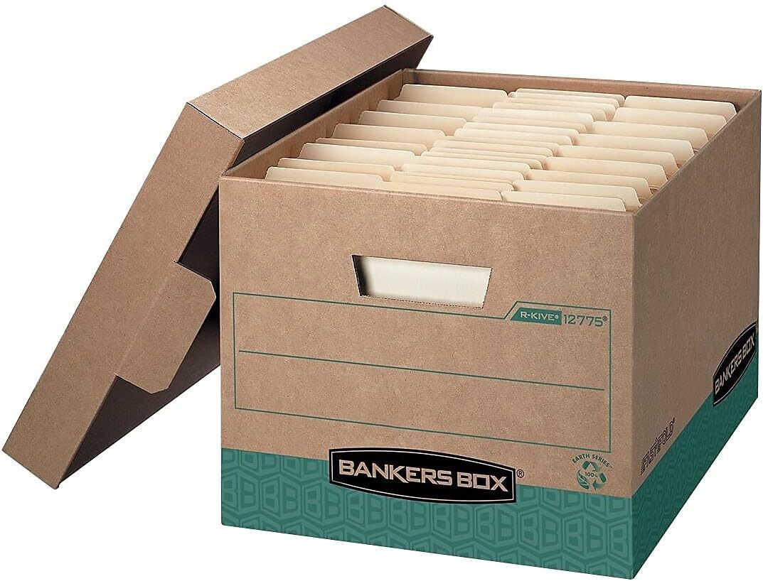 Bankers Box 12 Pack R-KIVE Heavy-Duty 100% Recycled Case of 12, Kraft/Green